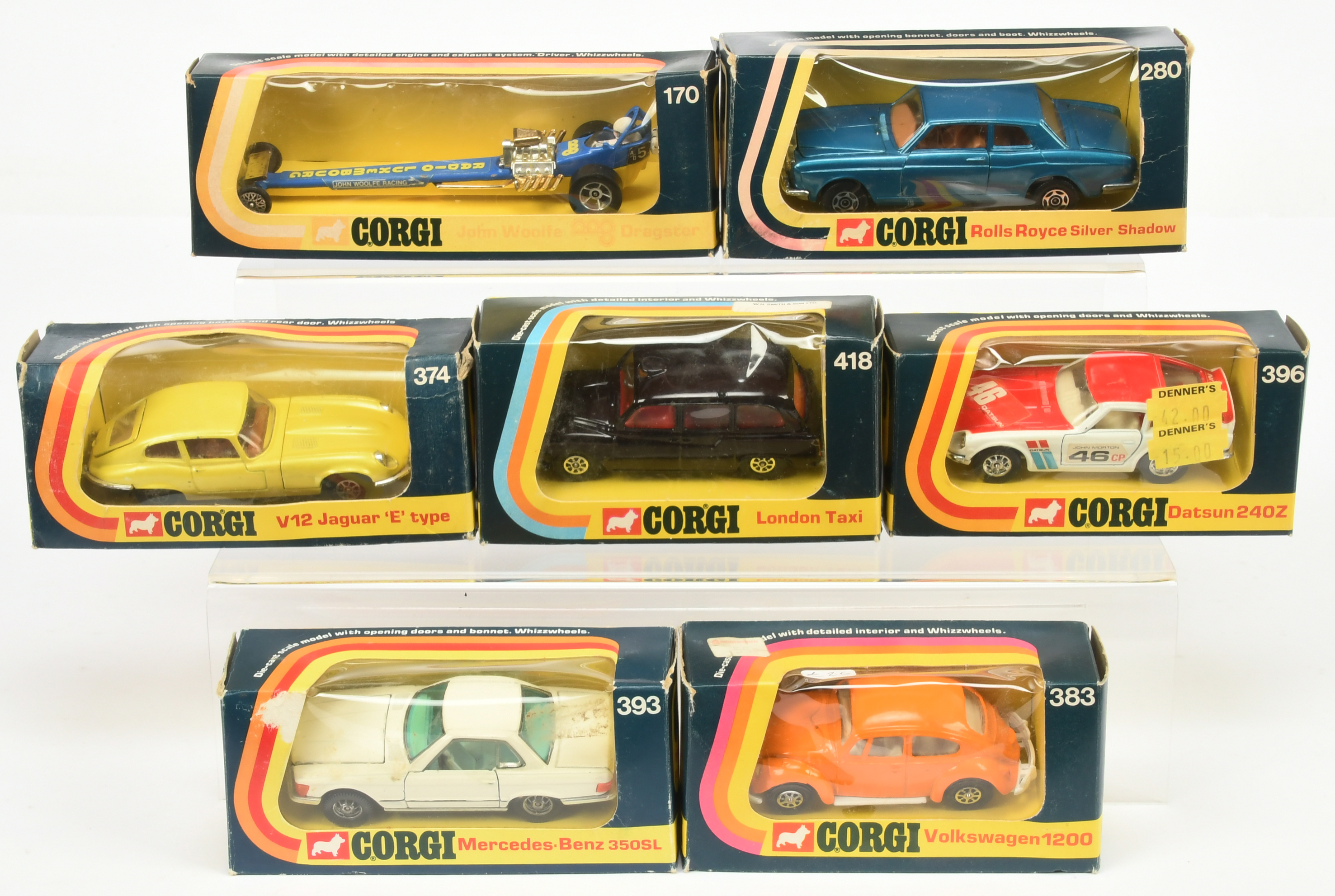 Corgi Toys Group Of 7 To Include - 170 "John Woolfe" Dragster, 374 Jaguar Type E, 396 Datsun 240Z...