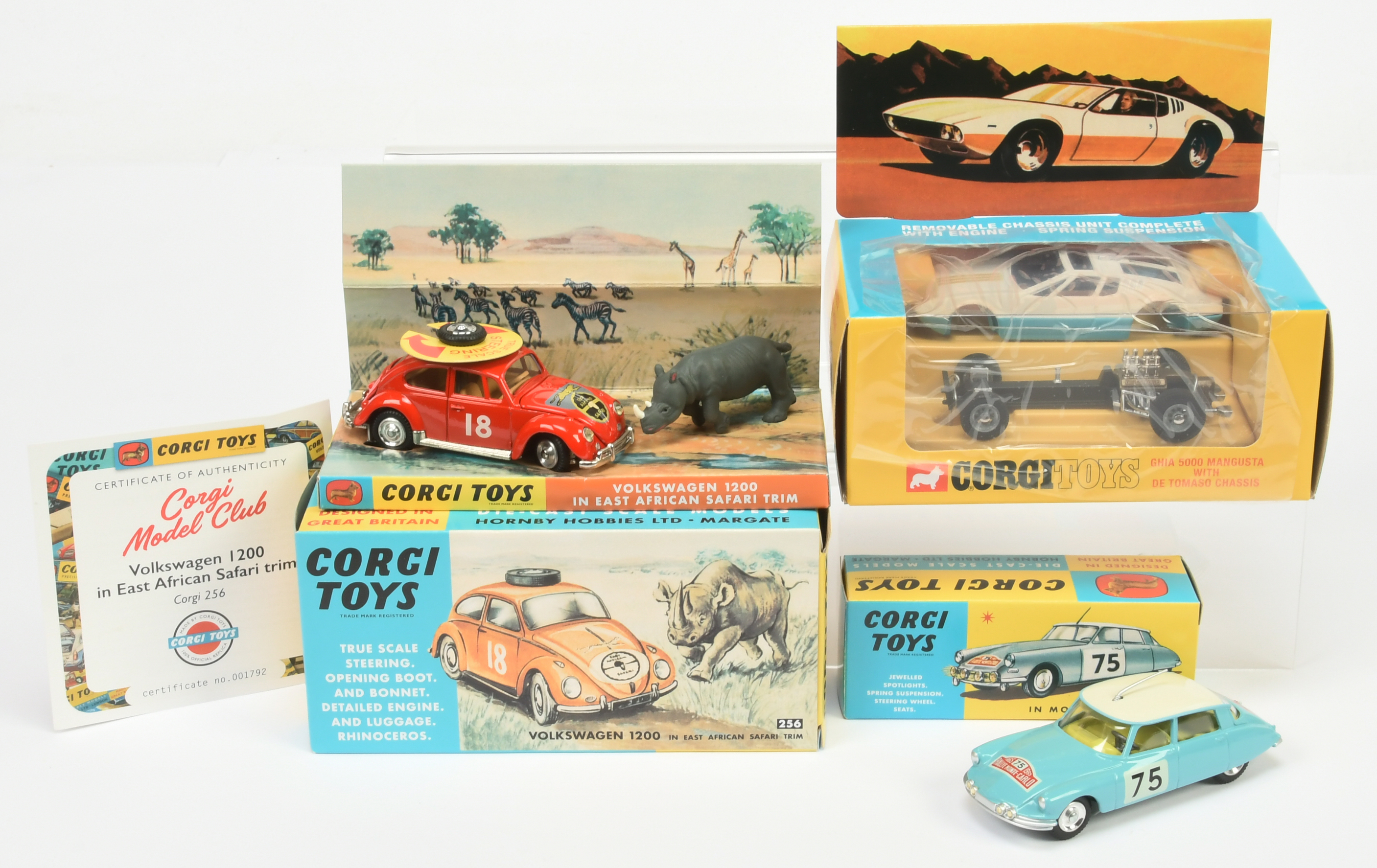Corgi Toys Group Of 3 - (1) 256 Volkswagen Saloon (Beetle) "East African Safari", (2) 271 Ghia 50...