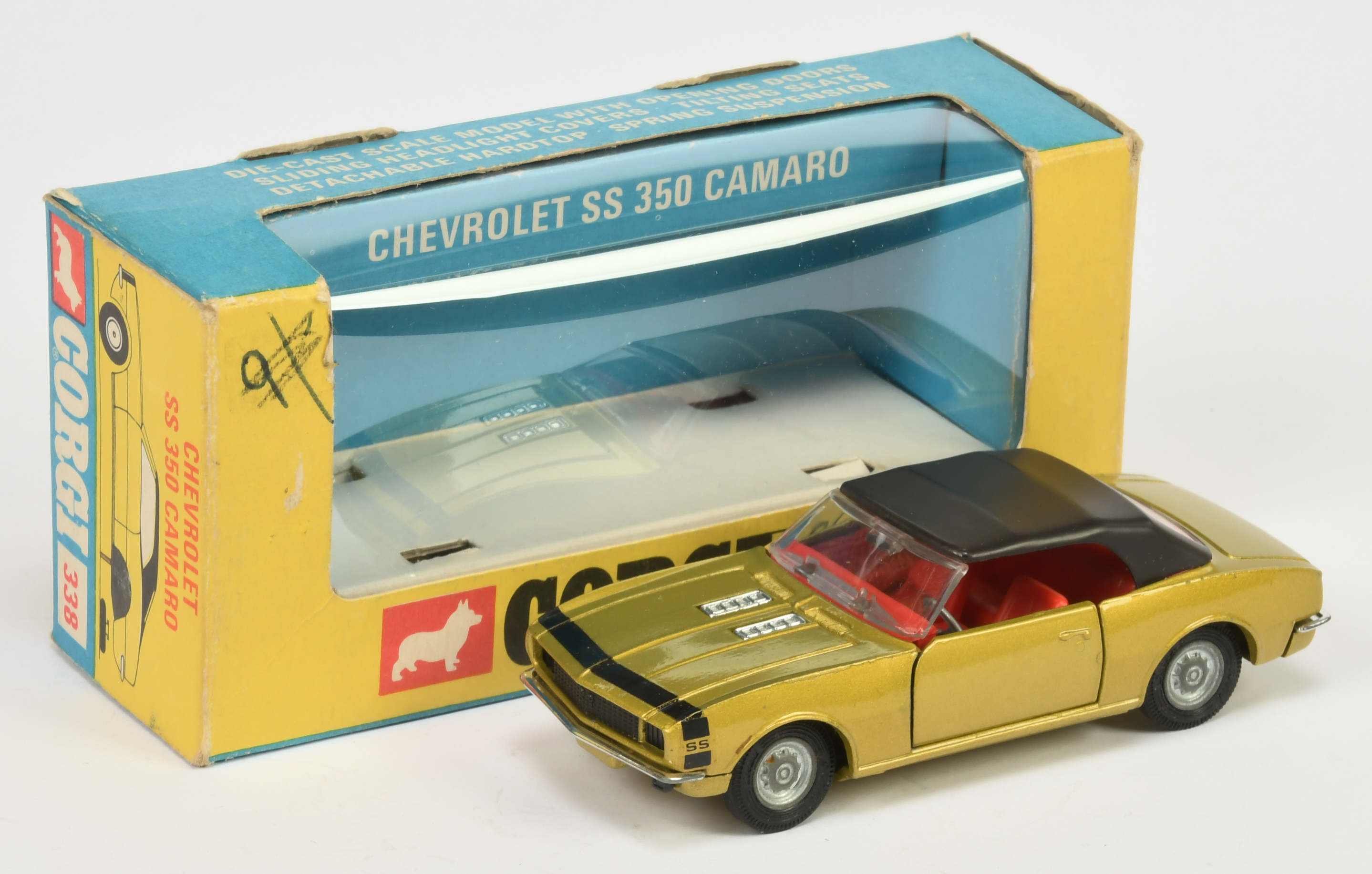 Corgi Toys 338 Chevrolet SS350 Camaro - Lime body, red interior, chrome trim and "Golden Jacks" T...