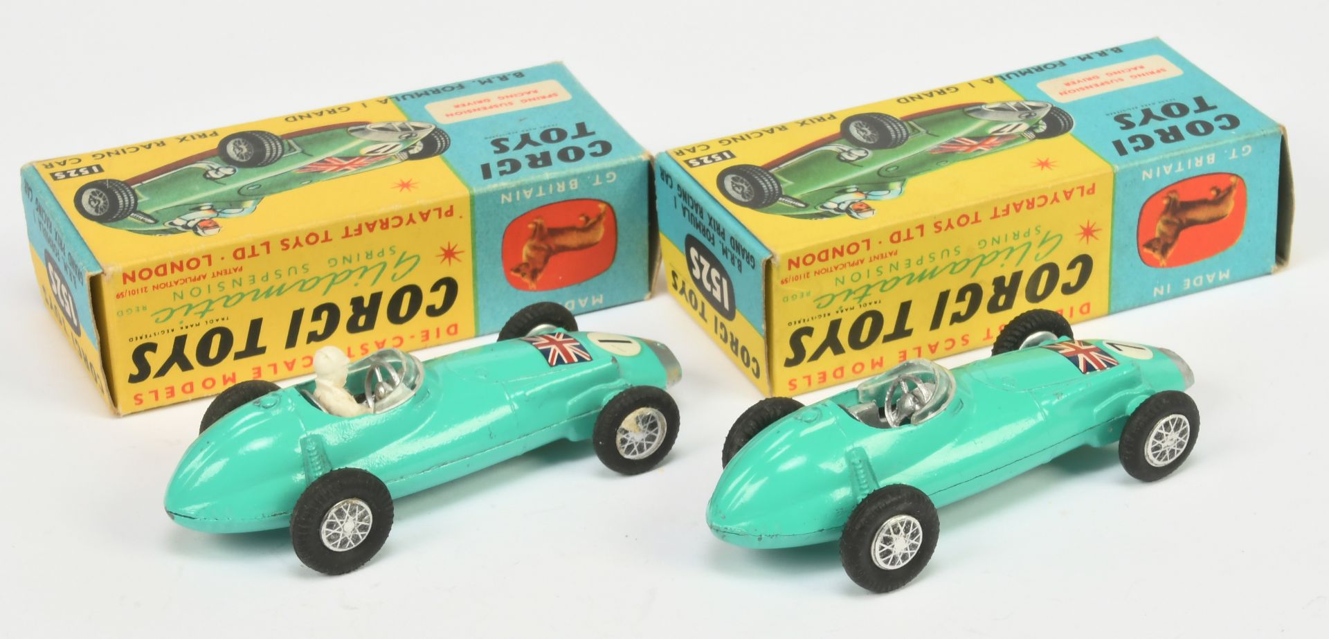 Corgi Toys 152S BRM Formula 1 Racing Car A Pair - (1) Turquoise body, silver trim and nose, figur... - Image 2 of 2