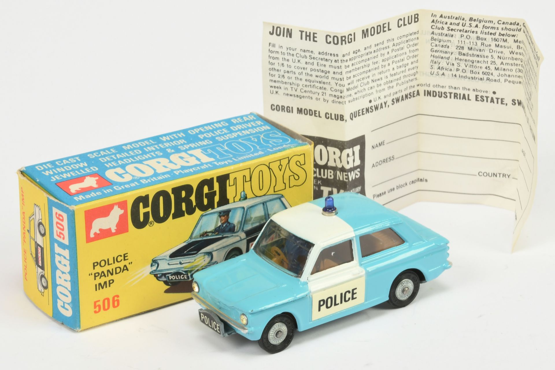 Corgi Toys 506 Sunbeam Imp "Police" Car - Light blue body with white roof band and doors, brown i...