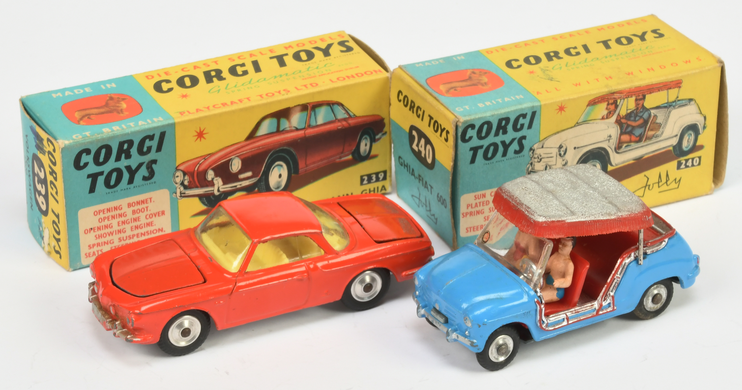 Corgi Toys 239 Volkswagen 1500 Karmann Ghia - Orange-Red body, yellow interior, silver trim, spun...