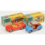 Corgi Toys 239 Volkswagen 1500 Karmann Ghia - Orange-Red body, yellow interior, silver trim, spun...