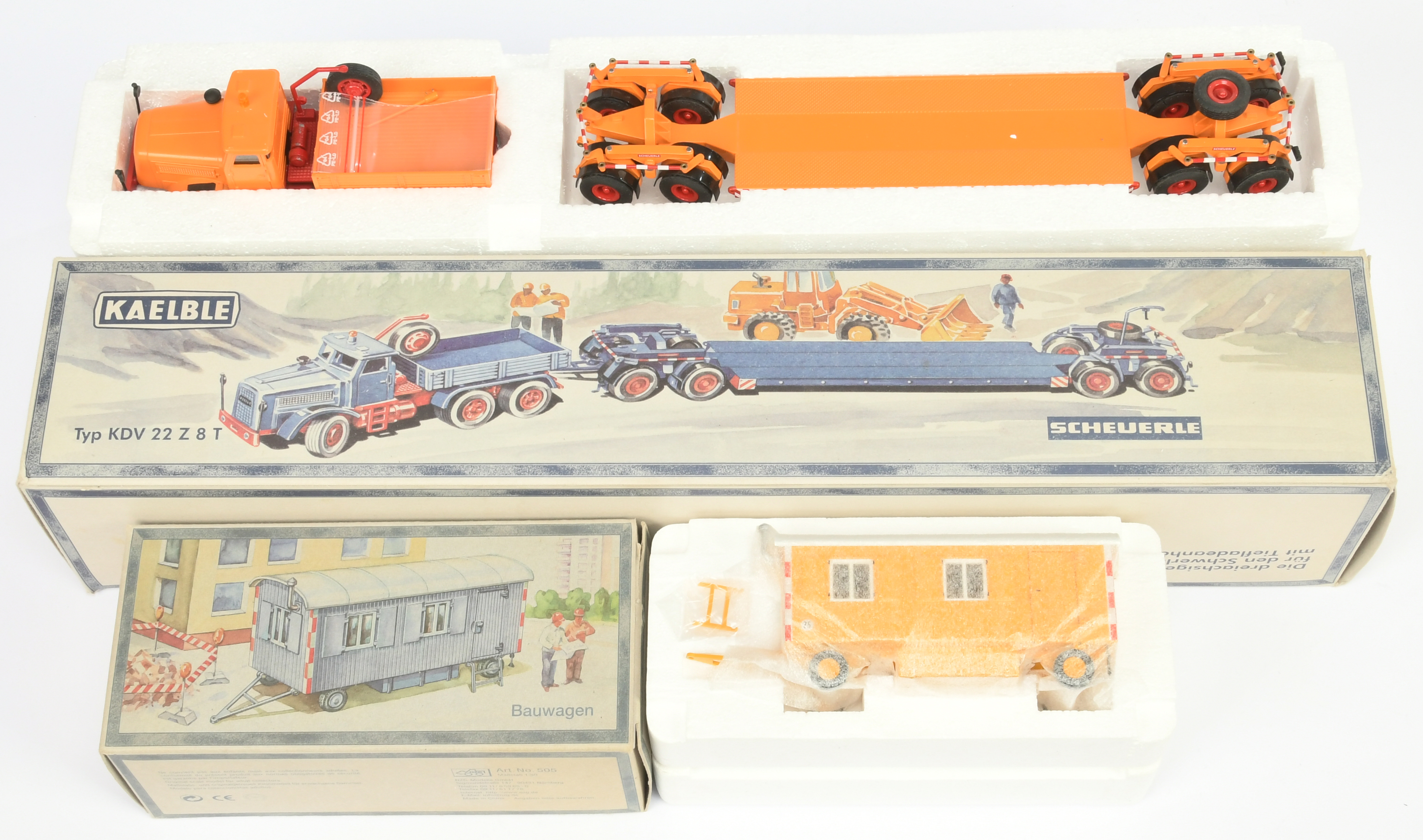 NZG (1/50th) Kaelbe Unit and Trailer - Orange, red and white and 505 Bauwagen - Orange, red and w...