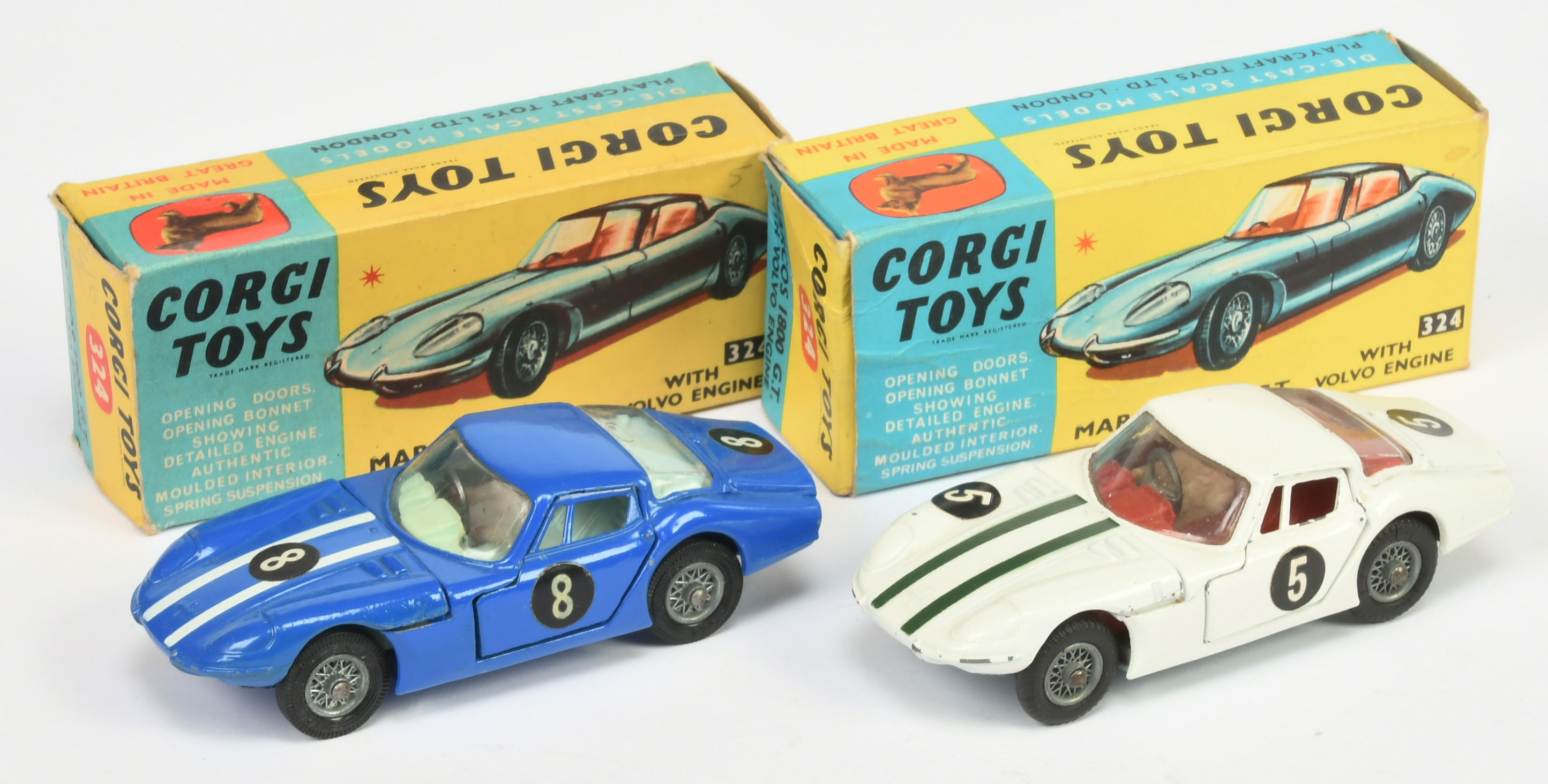 Corgi Toys 324 Marcos 1800GT A Pair - (1) White body with green stripes, red interior with figure...