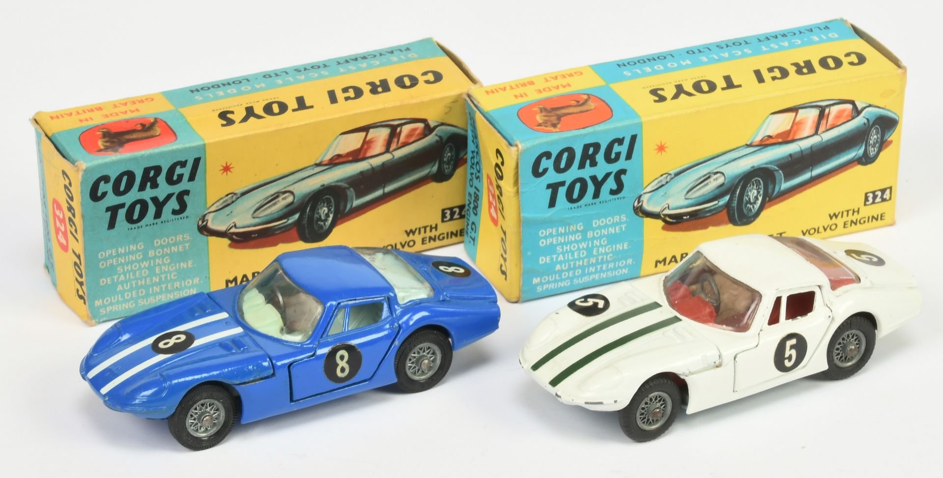 Corgi Toys 324 Marcos 1800GT A Pair - (1) White body with green stripes, red interior with figure...