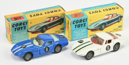 Corgi Toys 324 Marcos 1800GT A Pair - (1) White body with green stripes, red interior with figure...