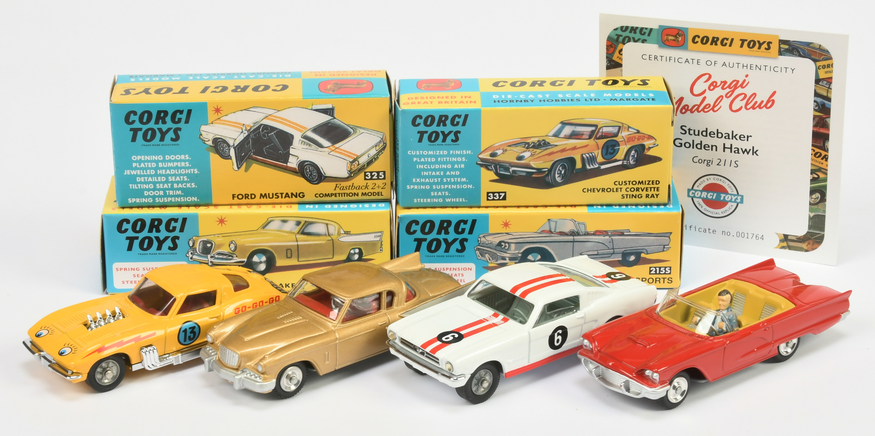 Corgi Toys Group Of 4 - (1) 211S Studebaker Hawk, (2) 214S Ford Thunderbird Open Top, (3) 325 For...