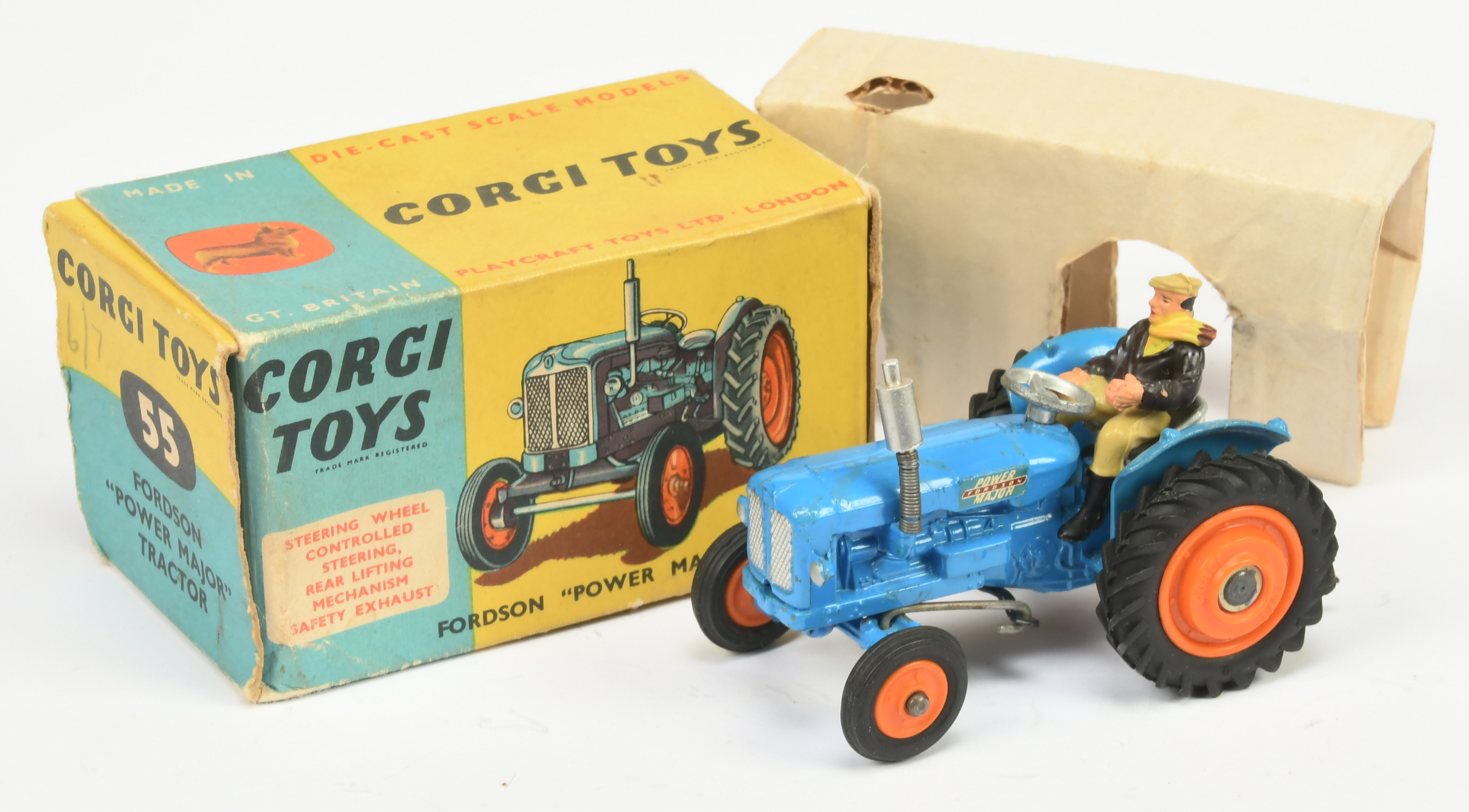 Corgi Toys 55 Fordson Major Tractor - Blue, orange plastic hubs with a figure driver - Good brigh...