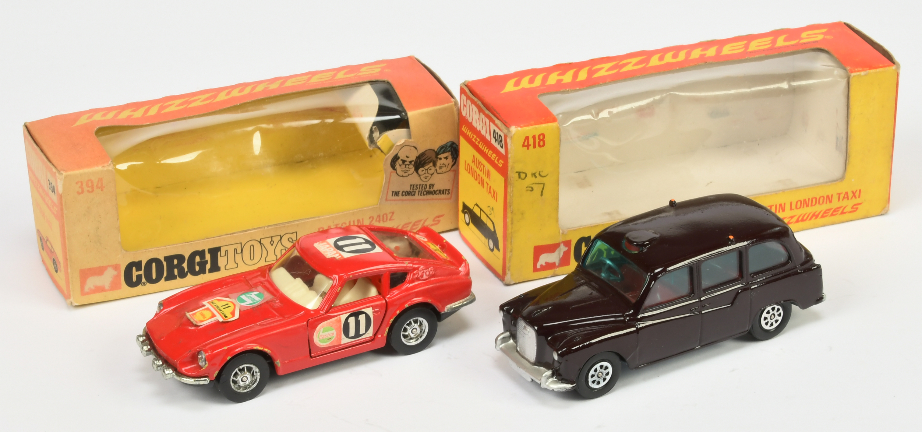 Corgi Toys Whizzwheels A Pair - (1) 394 Datsun 240Z "East African Safari" - Red body, off white i...