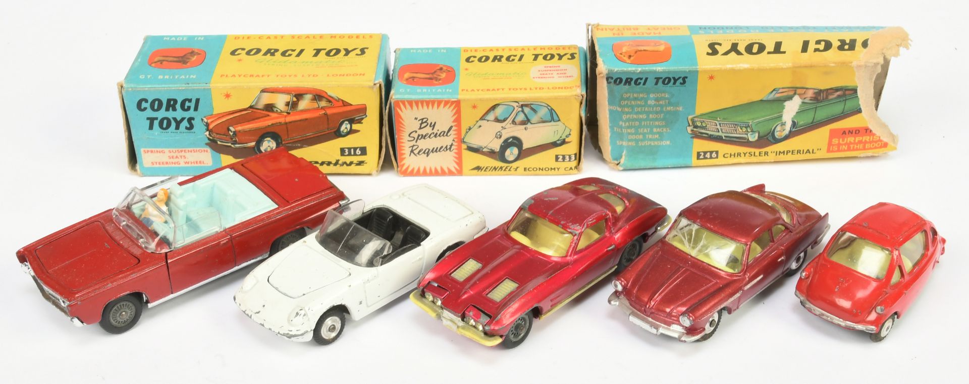 Corgi Toys Group To Include 233 Heinkel Economy Car - Red, 246 Chrysler Imperial - red with Golf ...