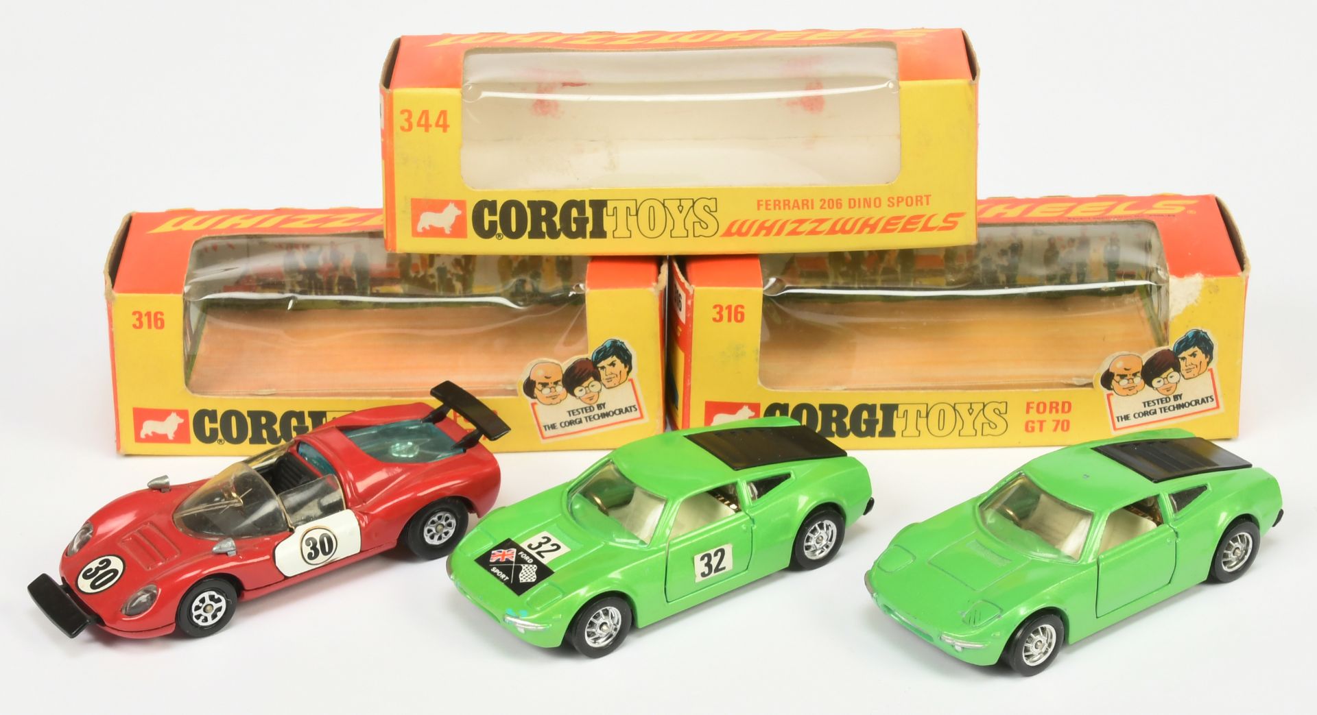 Corgi Toys Whizzwheels A Group Of 3 - (1) 316 Ford GT 70 - Green, black engine cover, with labels...