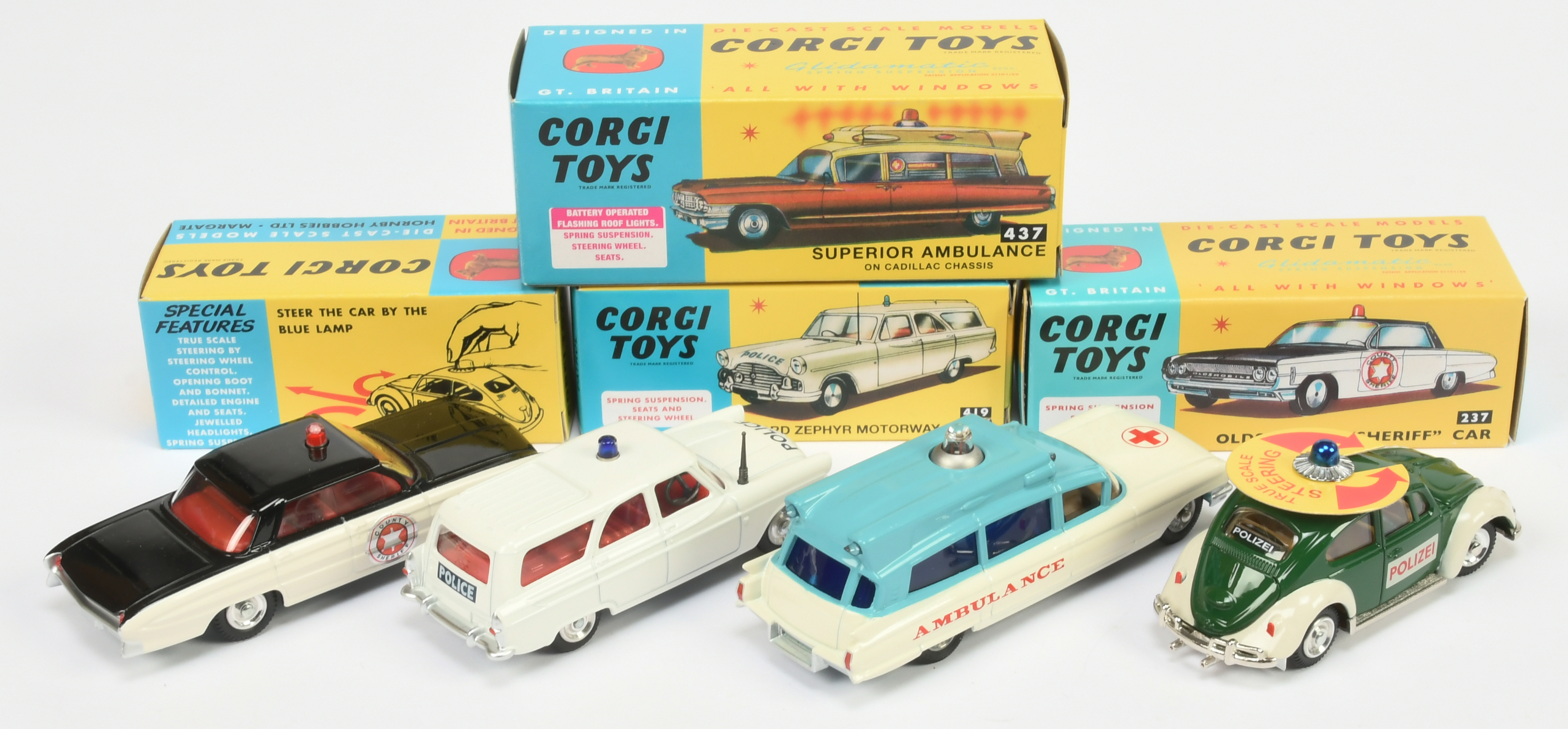 Corgi Toys Group Of 4 - (1) 237 "County Sheriff" Oldsmobile (2) 419 "Police" Ford Zephyr, (3) 437... - Image 2 of 2