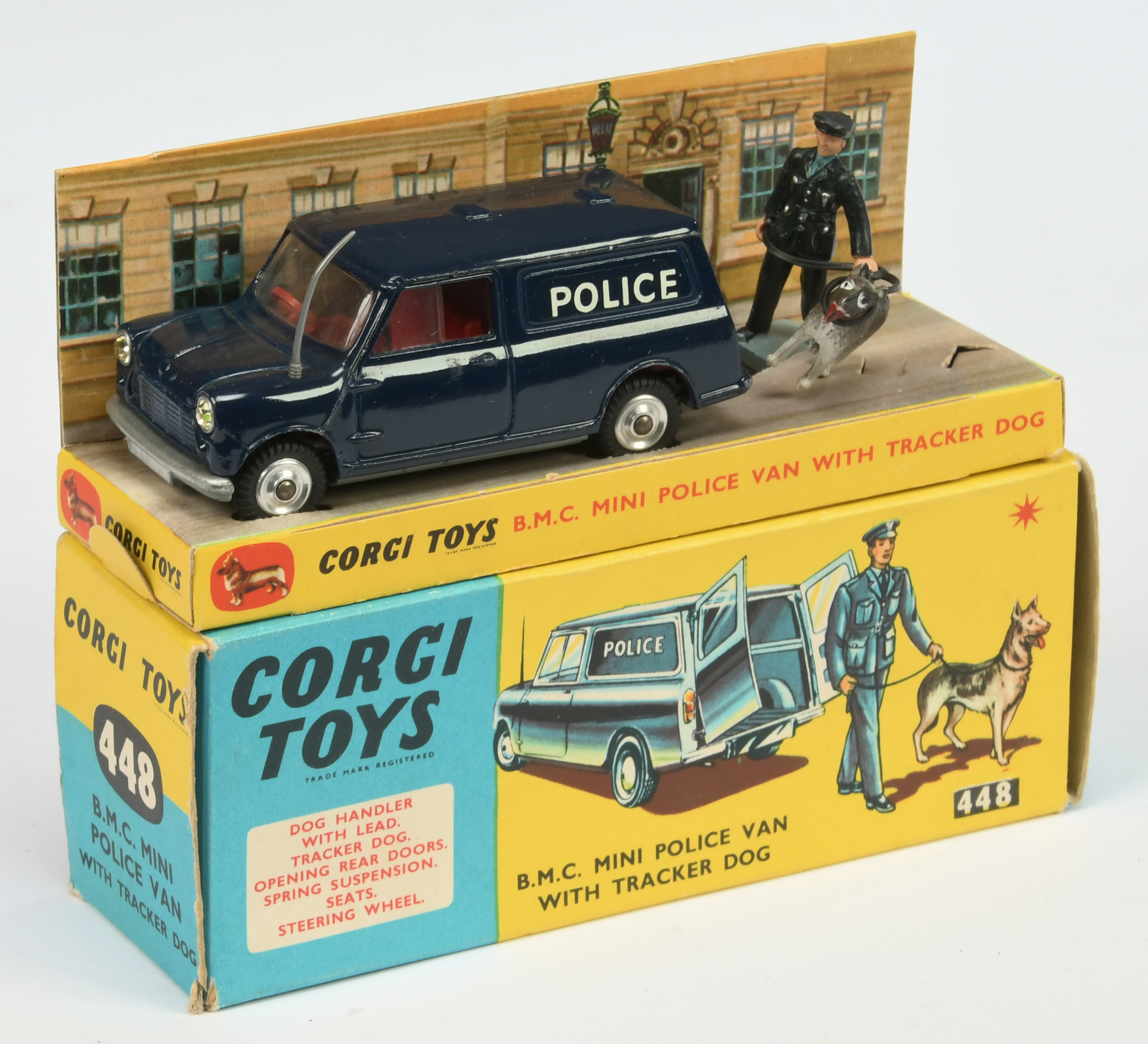 Corgi Toys 448 BMC Mini "Police" Van - Blue body, red interior, spun hubs, silver trim and aeria