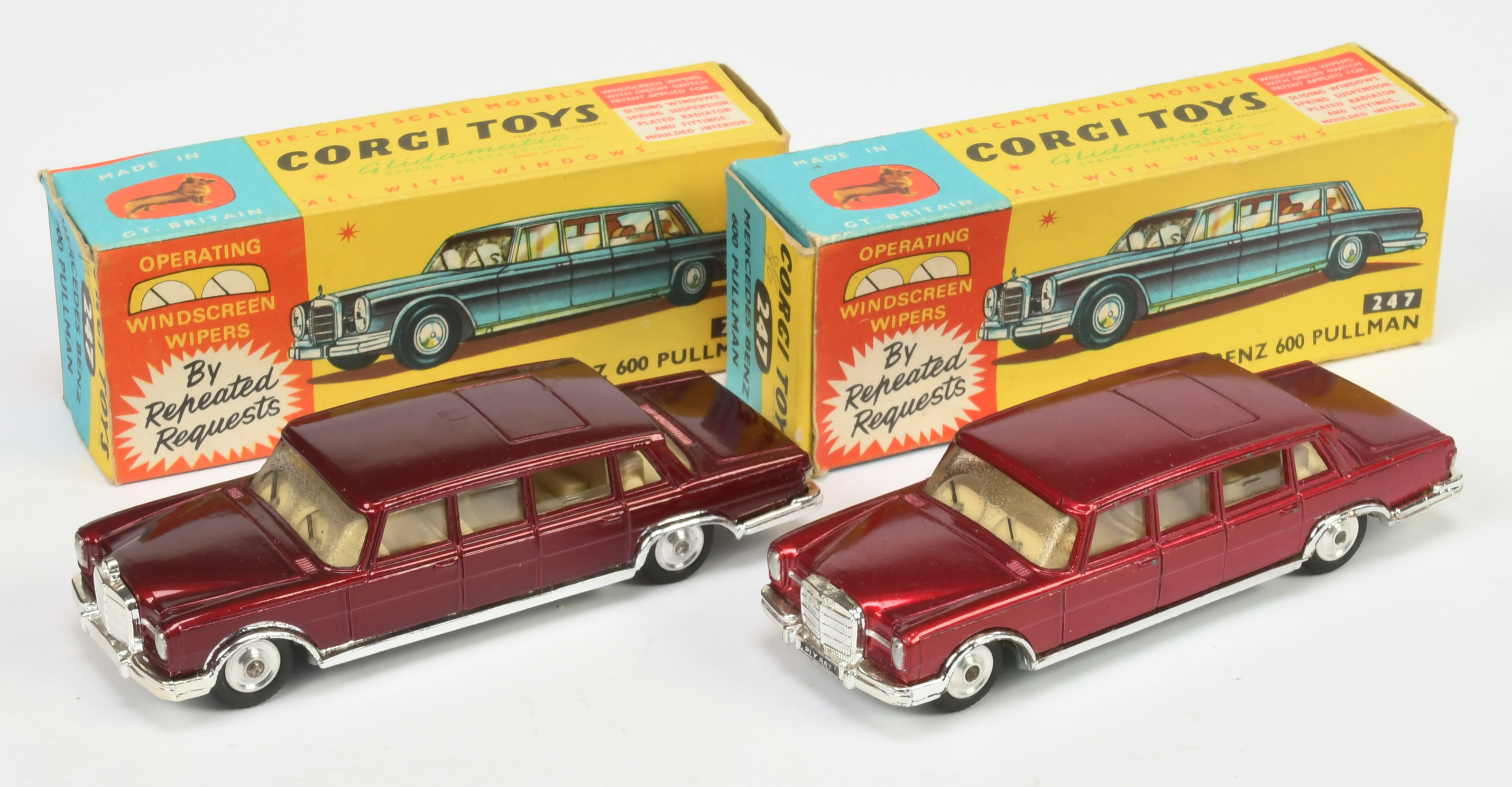 Corgi Toys  247 Mercedes 600 Pullman Limousine A Pair - (1) Maroon body, ivory interior, chrome t...