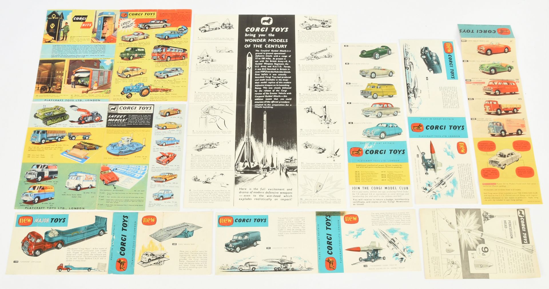 Corgi Toys Group Of 9 Double Sided Leaflets To Include - Rocket age Toys, Corgi Kits, Major Packs...