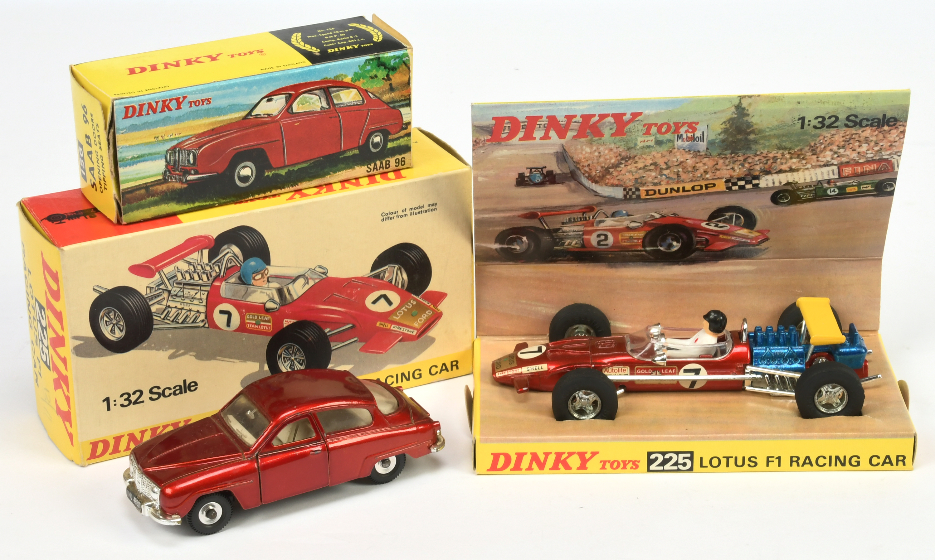 Dinky Toys A Pair - (1) 156 Saab 96 - Metallic red, chrome spun hubs and 225 Lotus racing car - M...