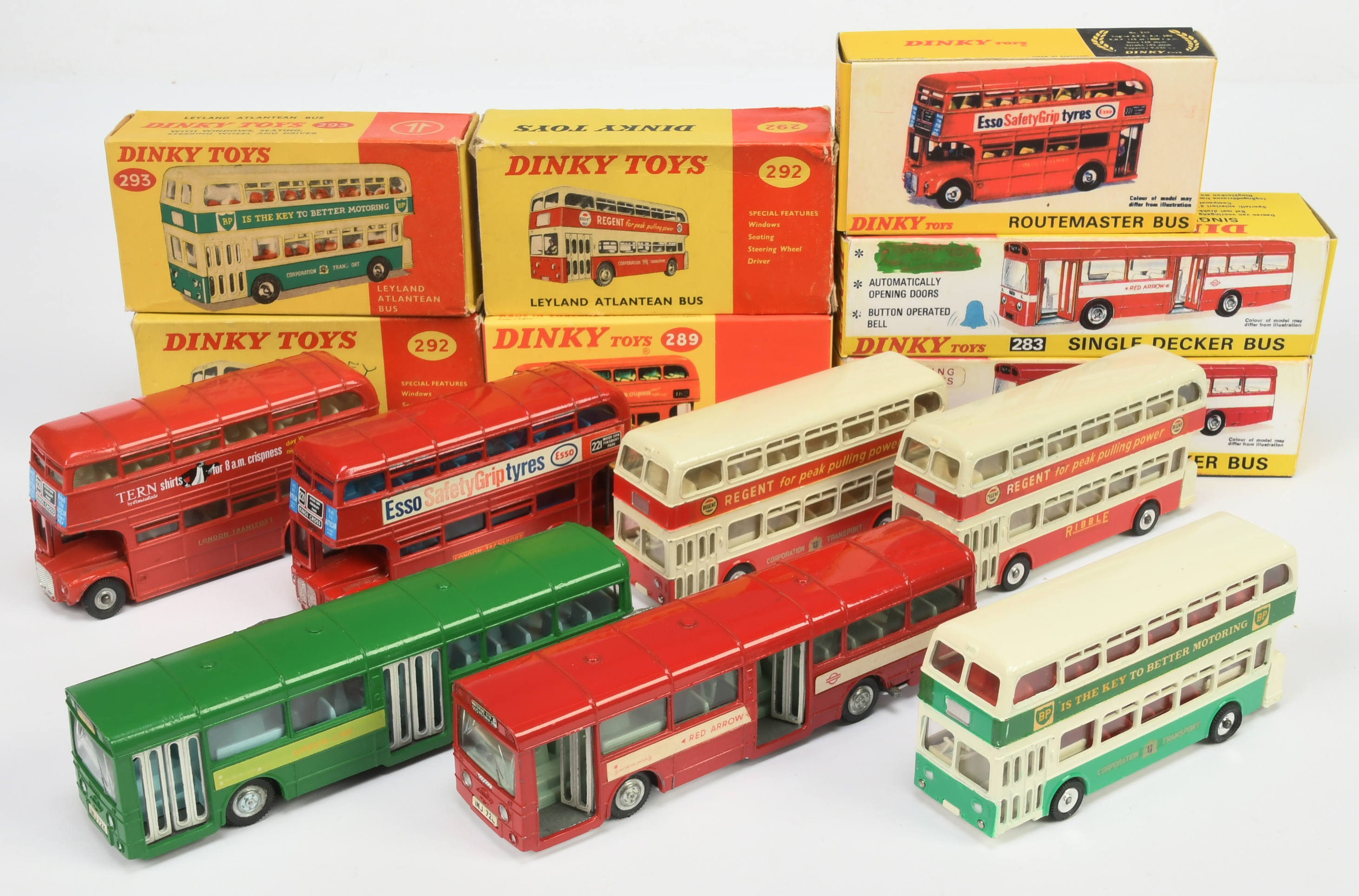 Dinky Toys Group Of Buses To Include 289 "London Transport" Routemaster,  283 Singledecker "Red A...