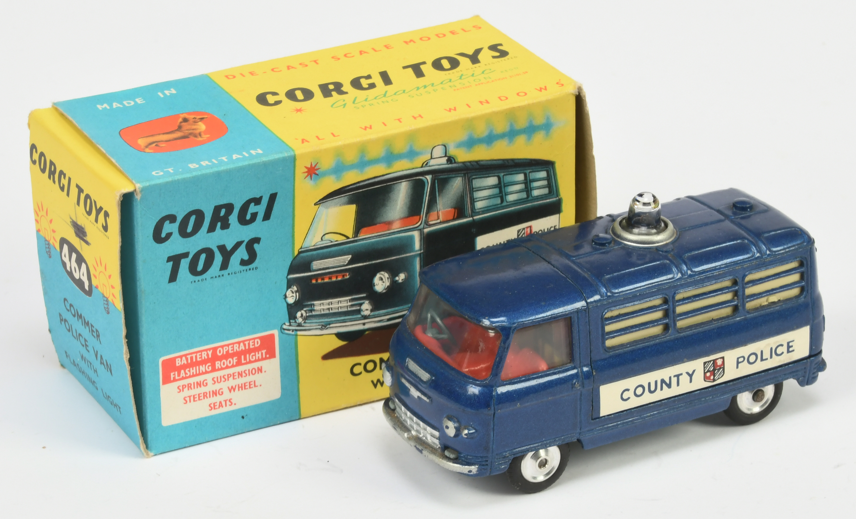 Corgi Toys 464 Commer "County Police" Van - Blue body, red interior, silver trim, spun hubs and b...