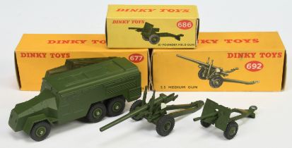 Dinky Toys Military Group Of 3 - (1) 677 Armoured Command Vehicle, (2) 686 25-Pounder Field Gun a...