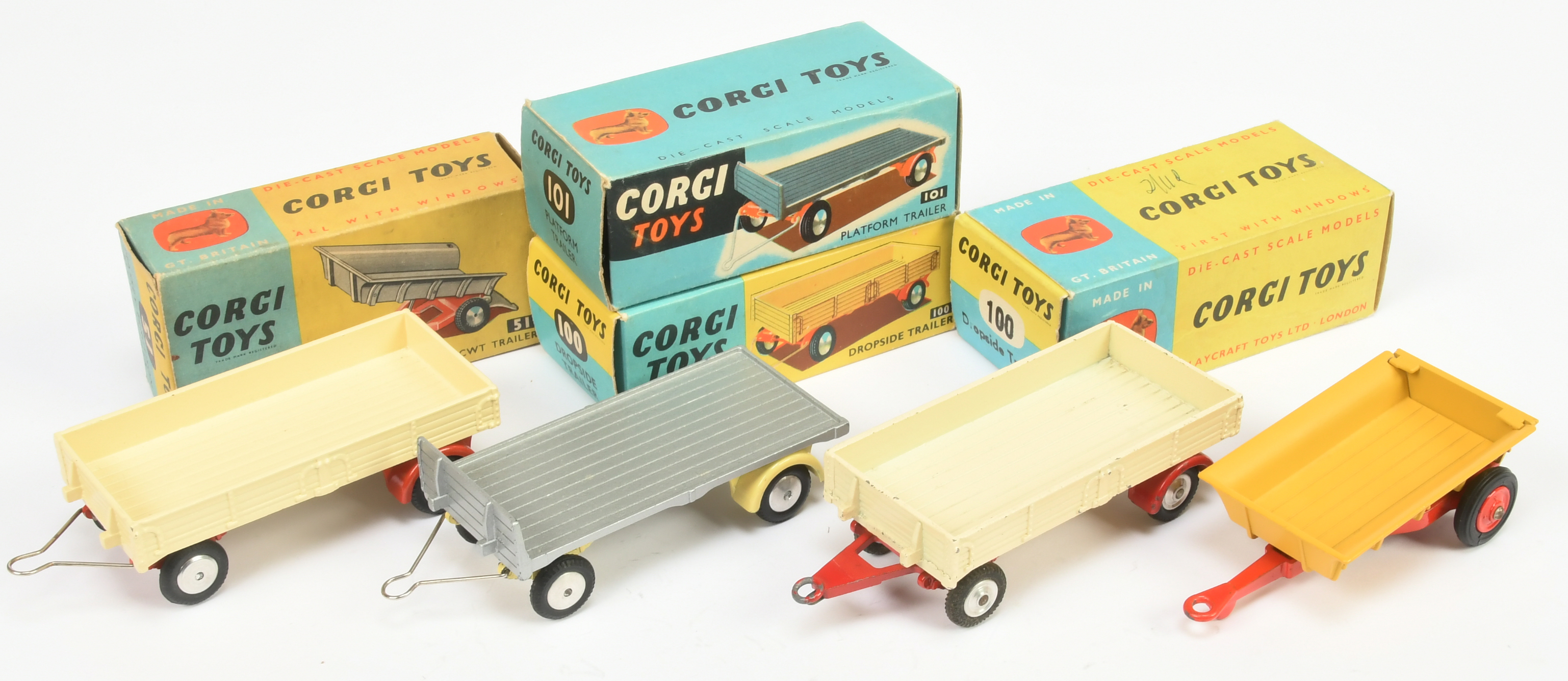 Corgi Toys Group Of Trailers - (1) 51 Massey Ferguson - Yellow and Red, (2) 100 Dropside - Cream ...