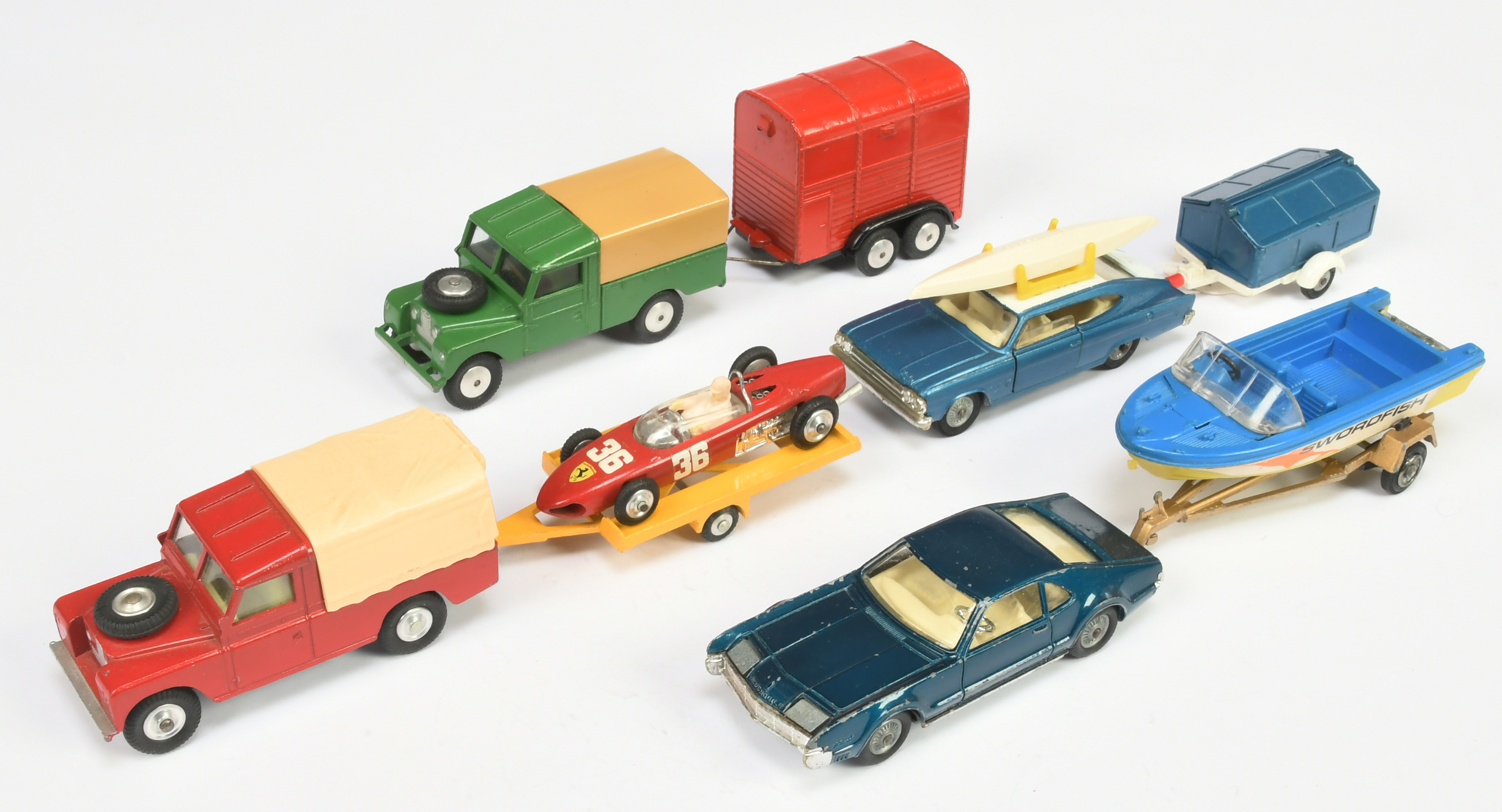 Corgi Toys Unboxed Group To Include - (1) Land Rover - Green, tan tinplate canopy with Red horse ...