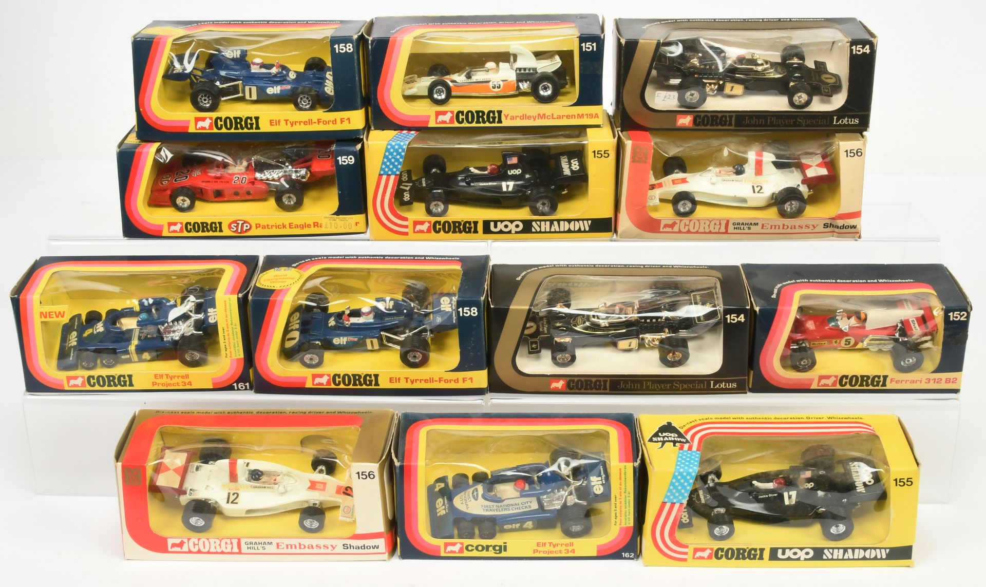 Corgi Toys Racing Cars Group Of 13 To Include - 151 "Yardley" McLaren, 154 Lotus "JPS", 156 Shado...