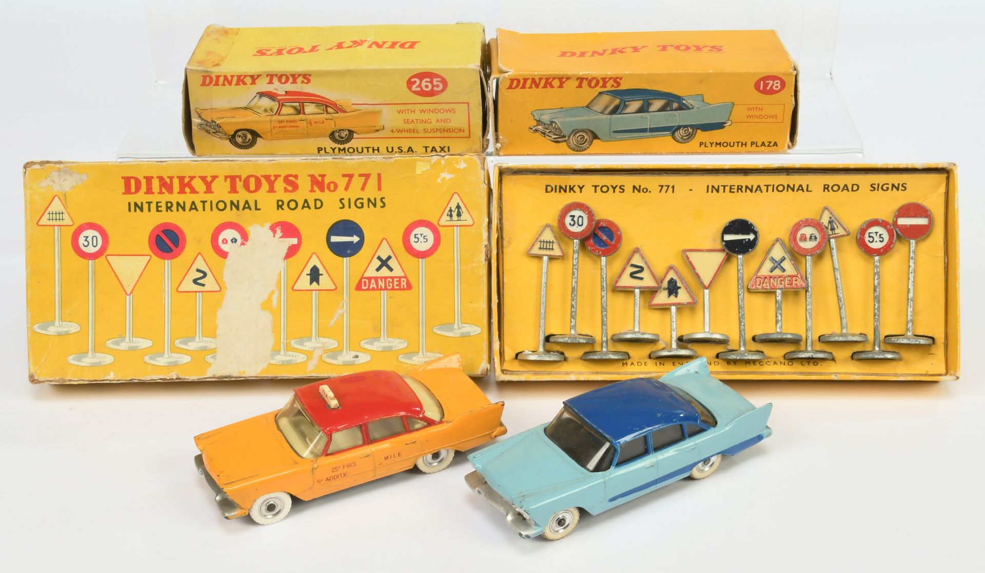 Dinky Toys Group To Include - (1) 178 Plymouth Plaza - Two-Tone blue, (2) Another 265 "Taxi" - Ye...