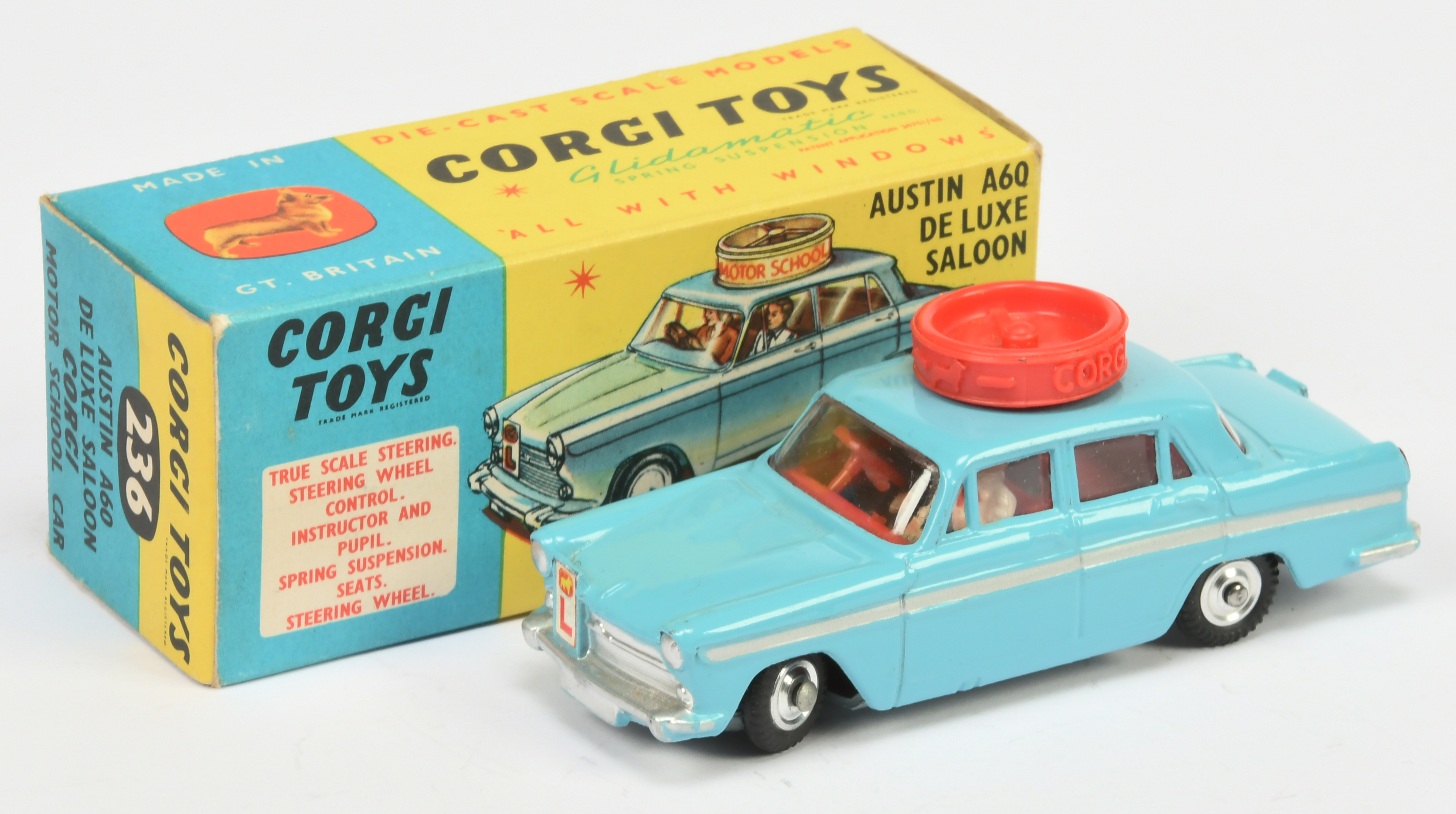 Corgi Toys 236 Austin A60 De-Luxe Saloon "Motor School" - Blue body, red interior and roof turnin...
