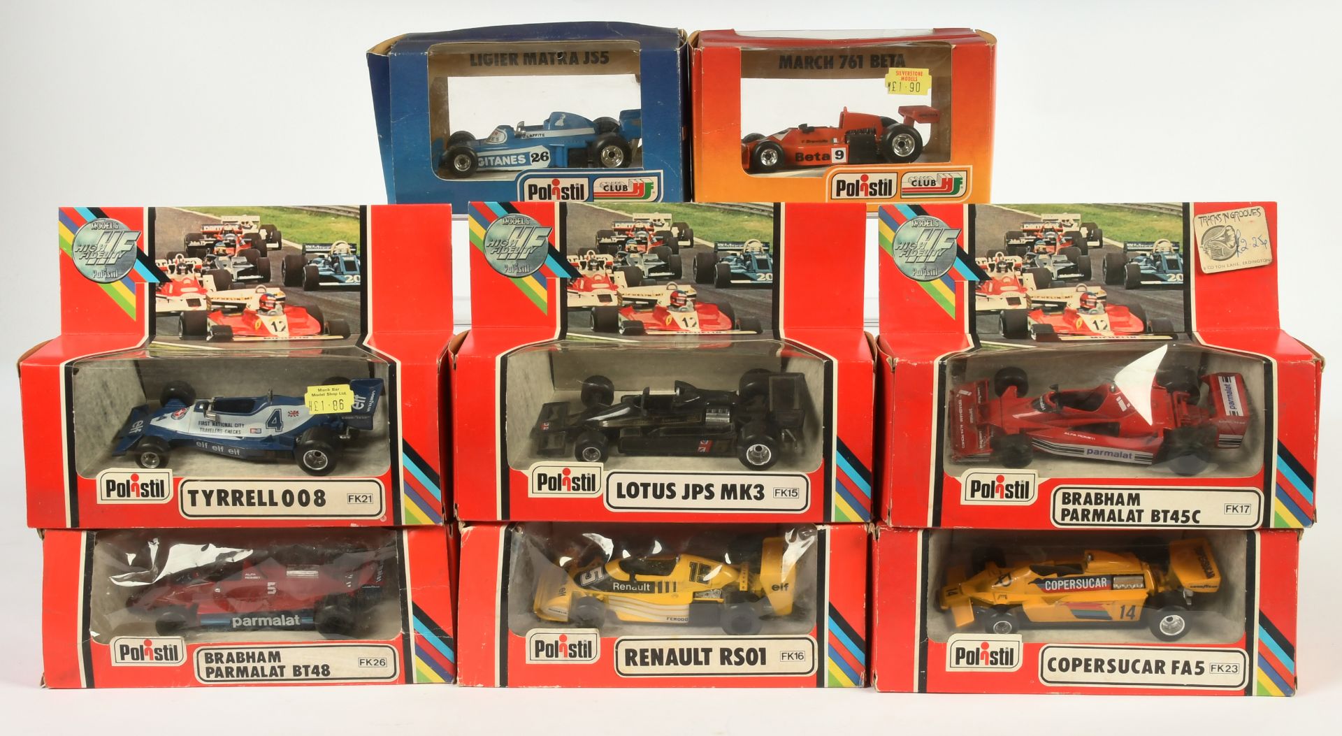 Polistil (1/32nd) Group Of Racing Cars To Include - FK13 Ligier Matra, FK22 March 761 Beta, Fk123...