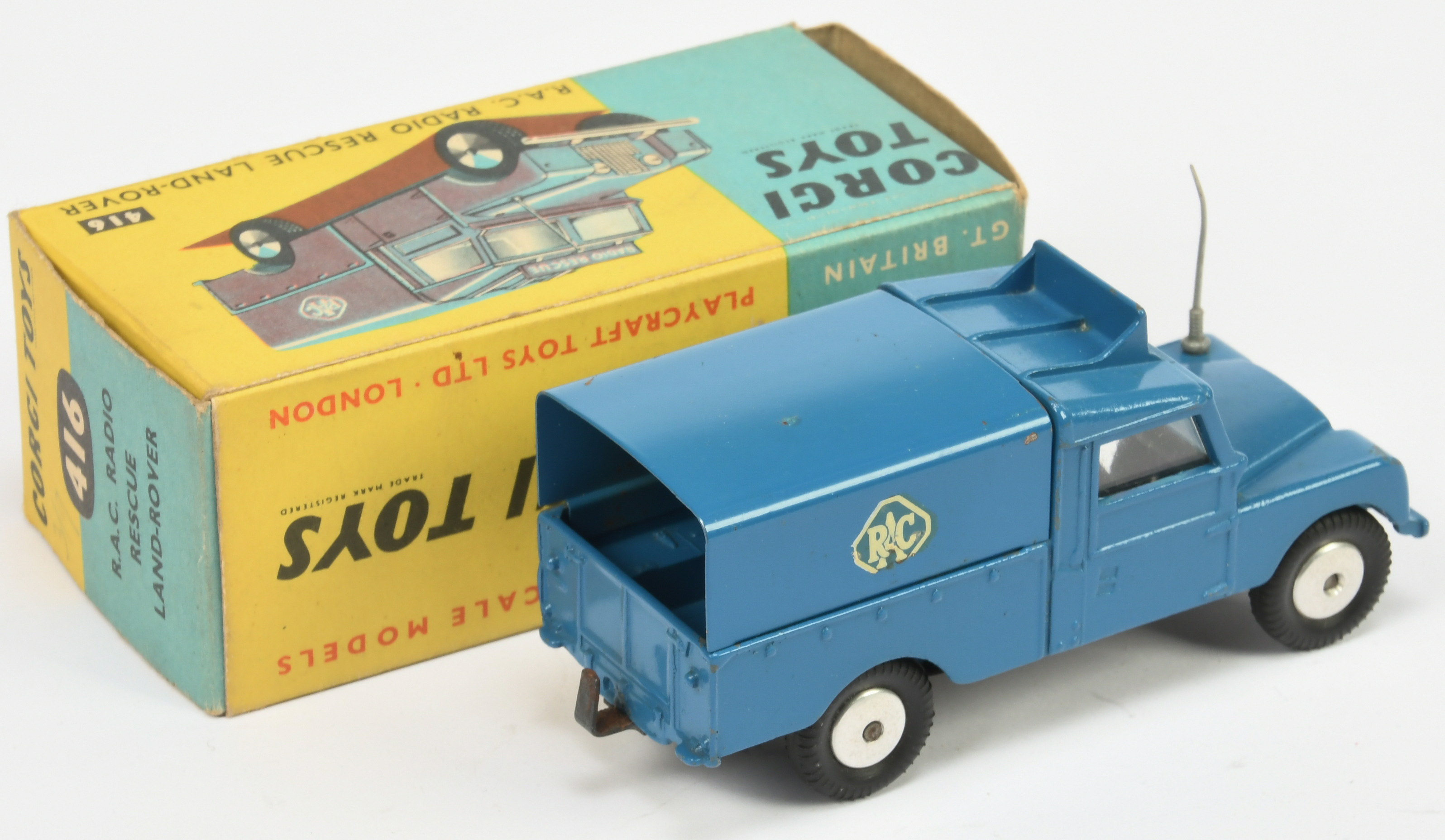 Corgi Toys 416 Land Rover "RAC Radio Rescue" - Blue body, roof box and metal tilt, silver trim, f... - Image 2 of 2