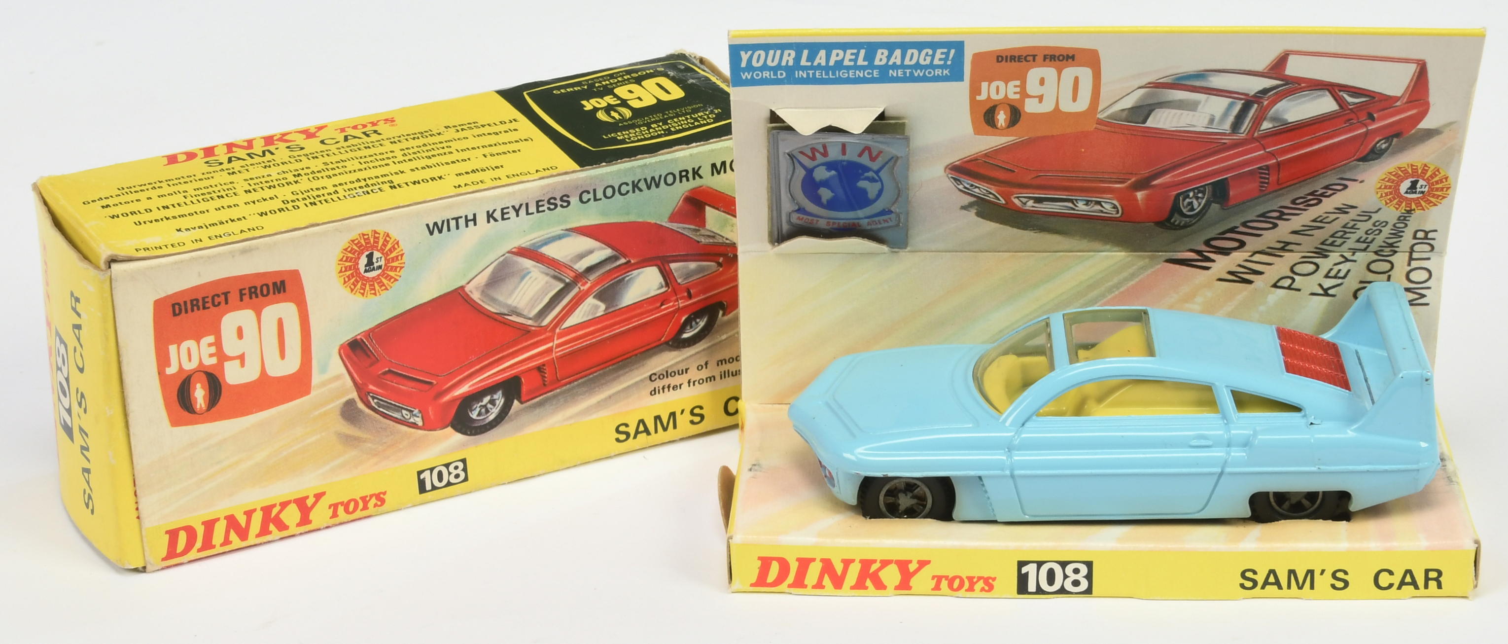 Dinky Toys 108 "Joe 90" Sam's Car - Powder Blue body, yellow interior, red engine cover,, cast hu...