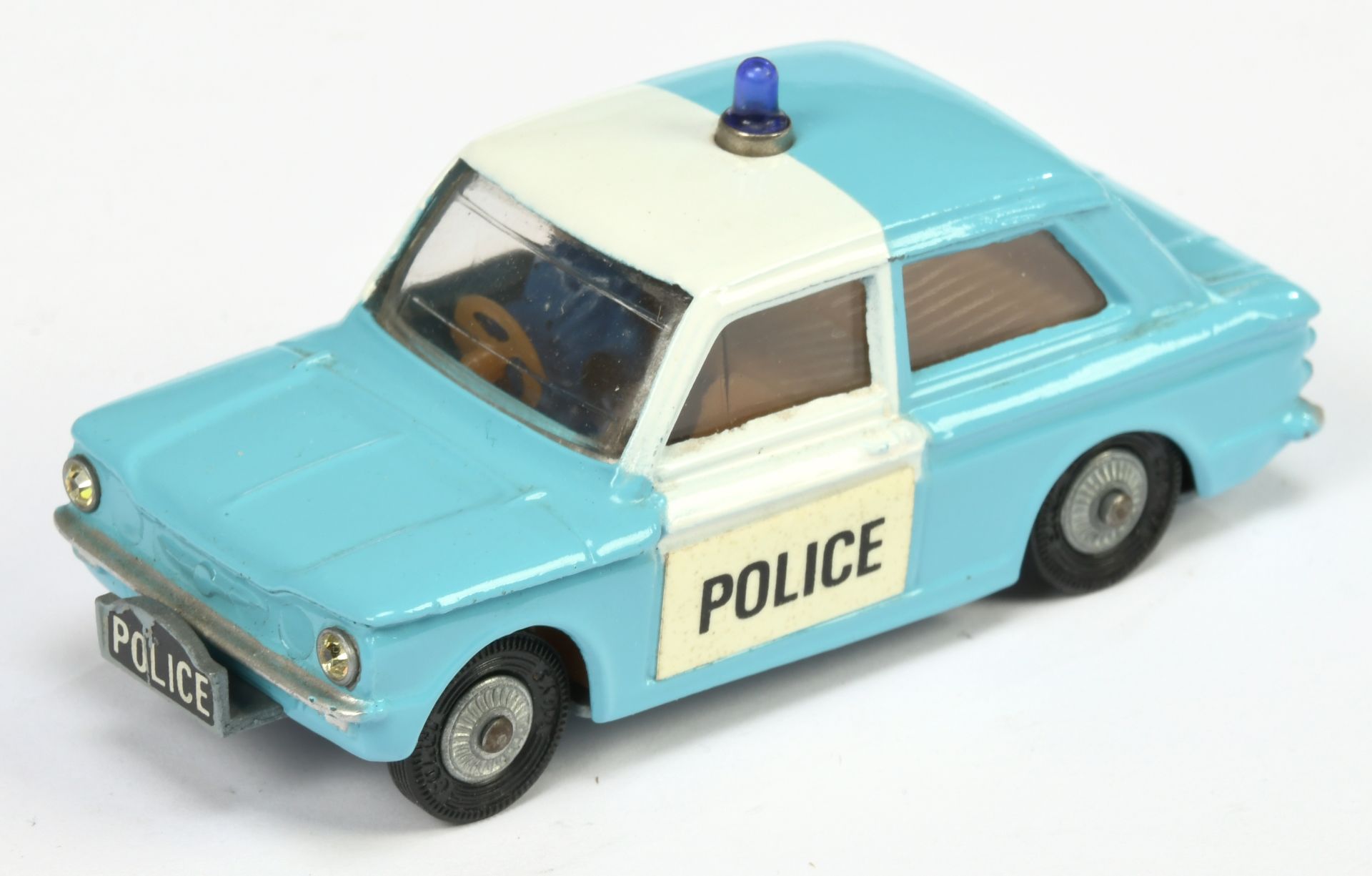 Corgi Toys 506 Sunbeam Imp "Police" Car  - Blue with white roof band and doors, brown interior, c...