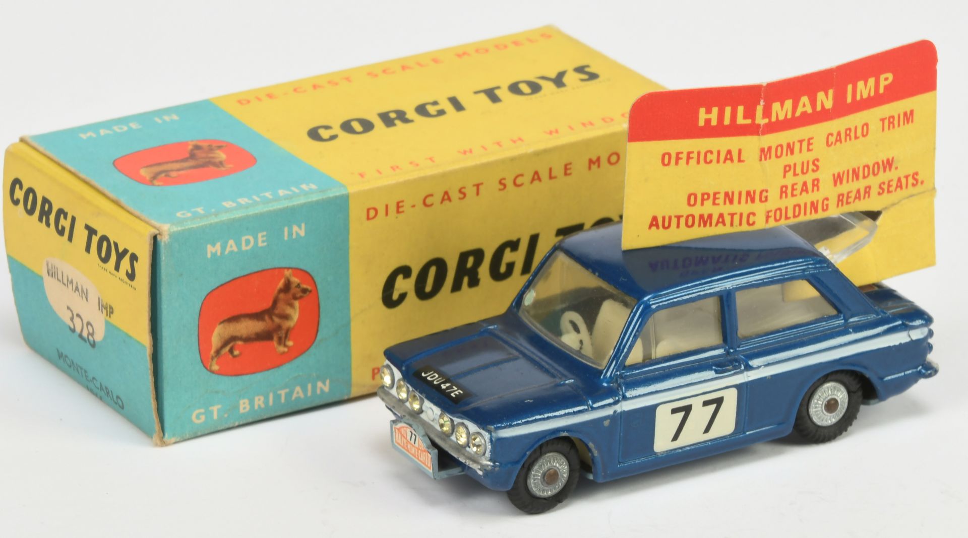 Corgi Toys 328 Hillman Imp "Rallye Monte Carlo" - Blue, white side flashes, yellow interior, silv...