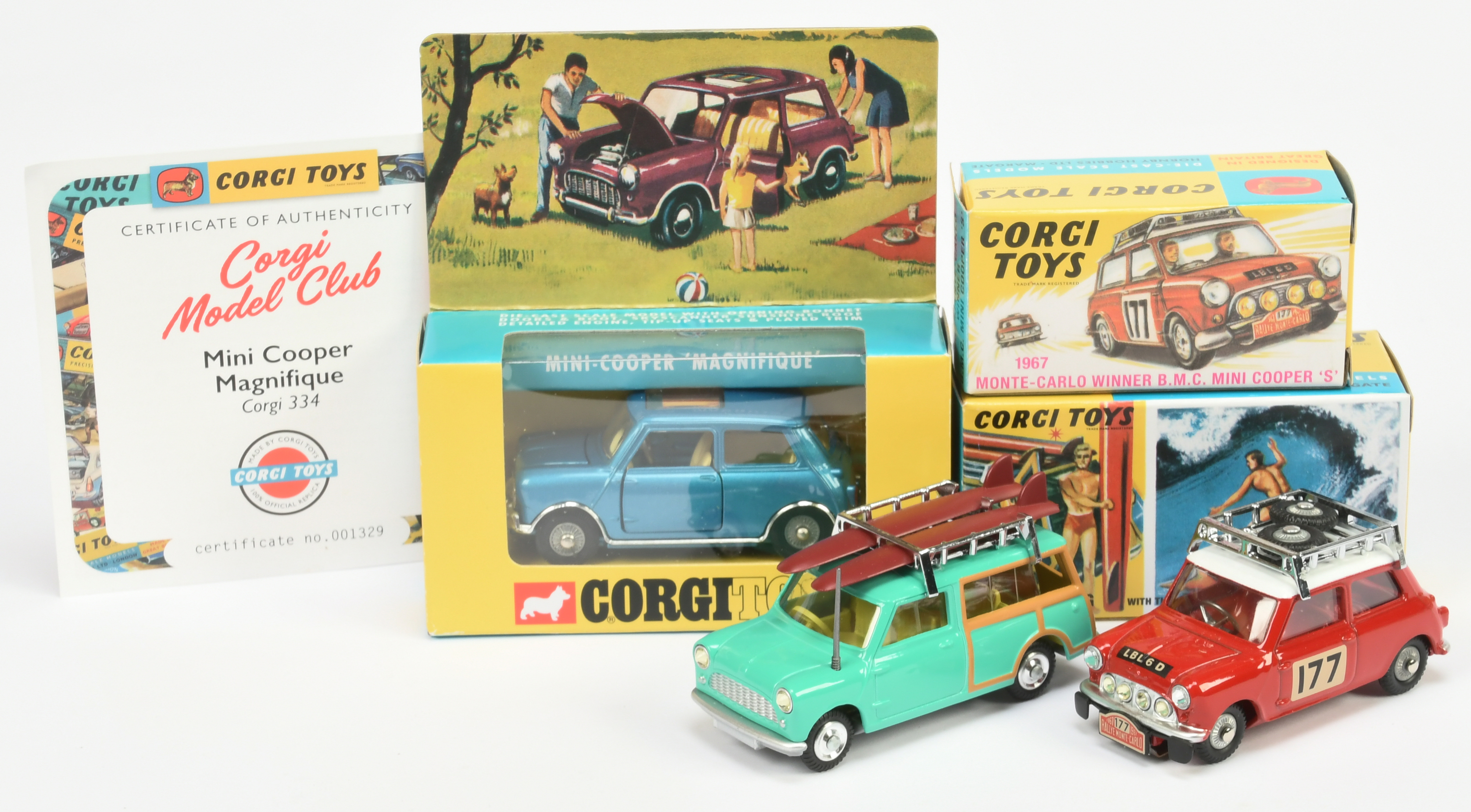 Corgi Toys Group Of 3 - (1) 334 Mini Cooper "Magnifique", (2) 339 BMC Mini Cooper S "Rallye Monte...