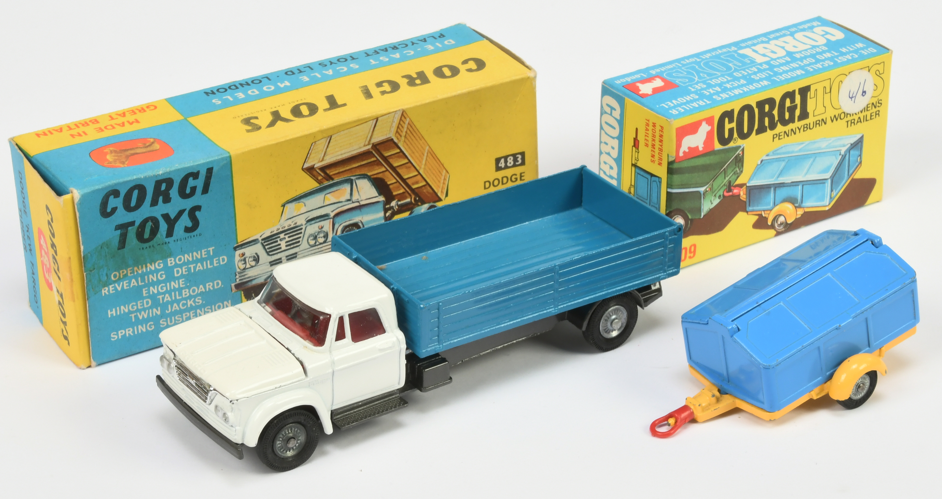 Corgi Toys A Pair - (1) 483 Dodge Kew Tipper - White cab with red interior, graphite chassis, blu...