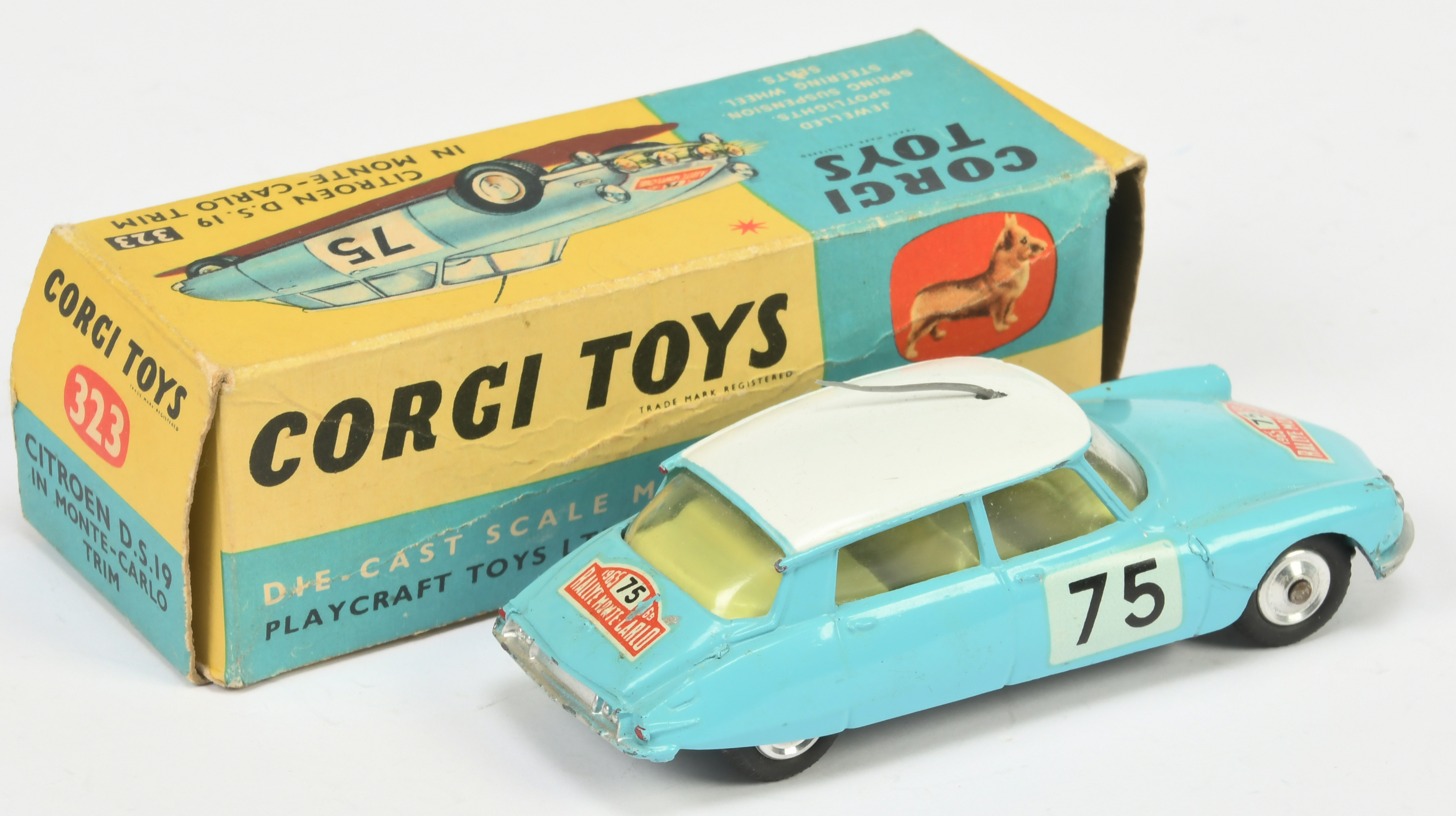 Corgi Toys 323 Citroen DS19 "Rallye Monte Carlo" - Light blue body, white roof with grey plastic ... - Image 2 of 2