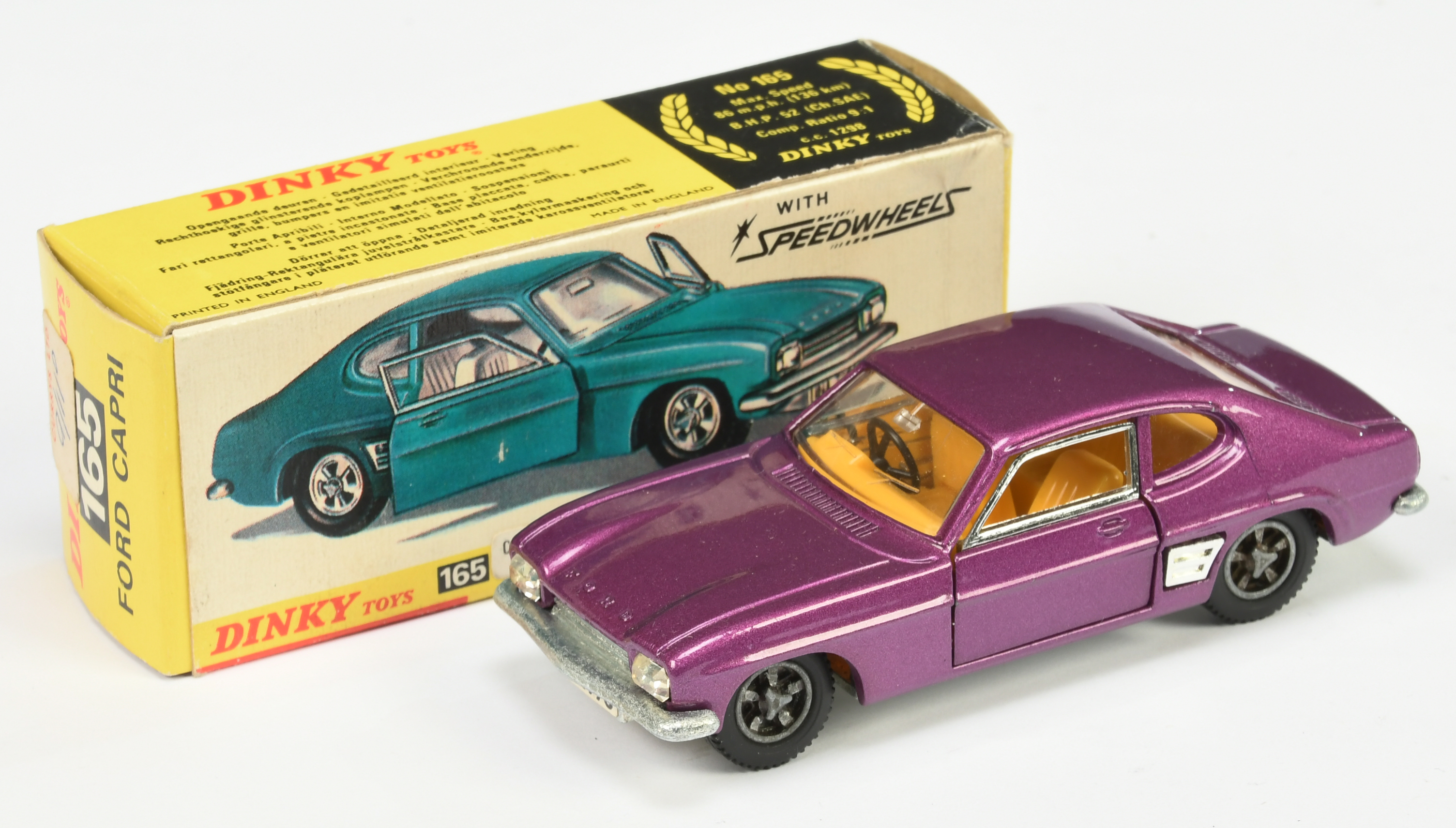 Dinky Toys 165 Ford Capri - Purple body, yellow interior, chrome trim and cast hubs 