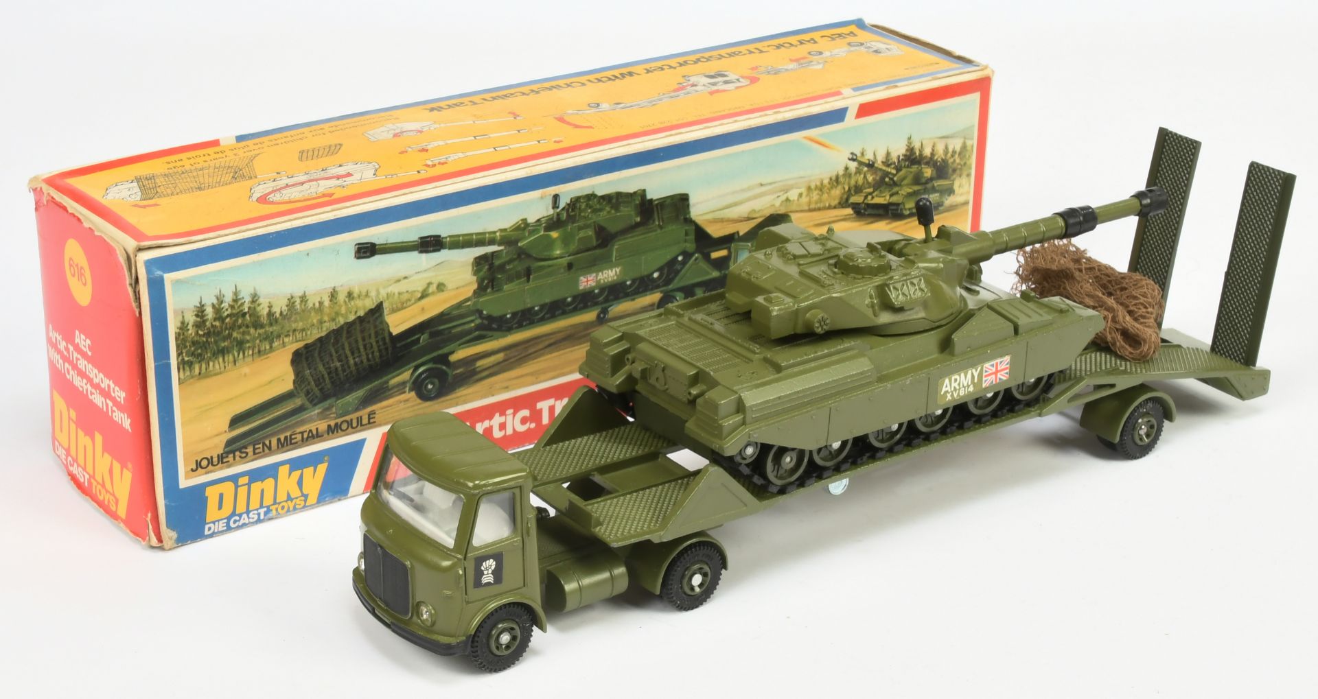 Dinky Toys Military 616 AEC Articulated Tank Transporter - Green cab and trailer with plastic ram...
