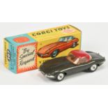 Corgi Toys 307 Jaguar Type E - Graphite Grey body, plum red detachable hood, brown interior, silv...