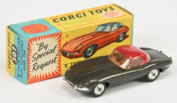 Corgi Toys 307 Jaguar Type E - Graphite Grey body, plum red detachable hood, brown interior, silv...