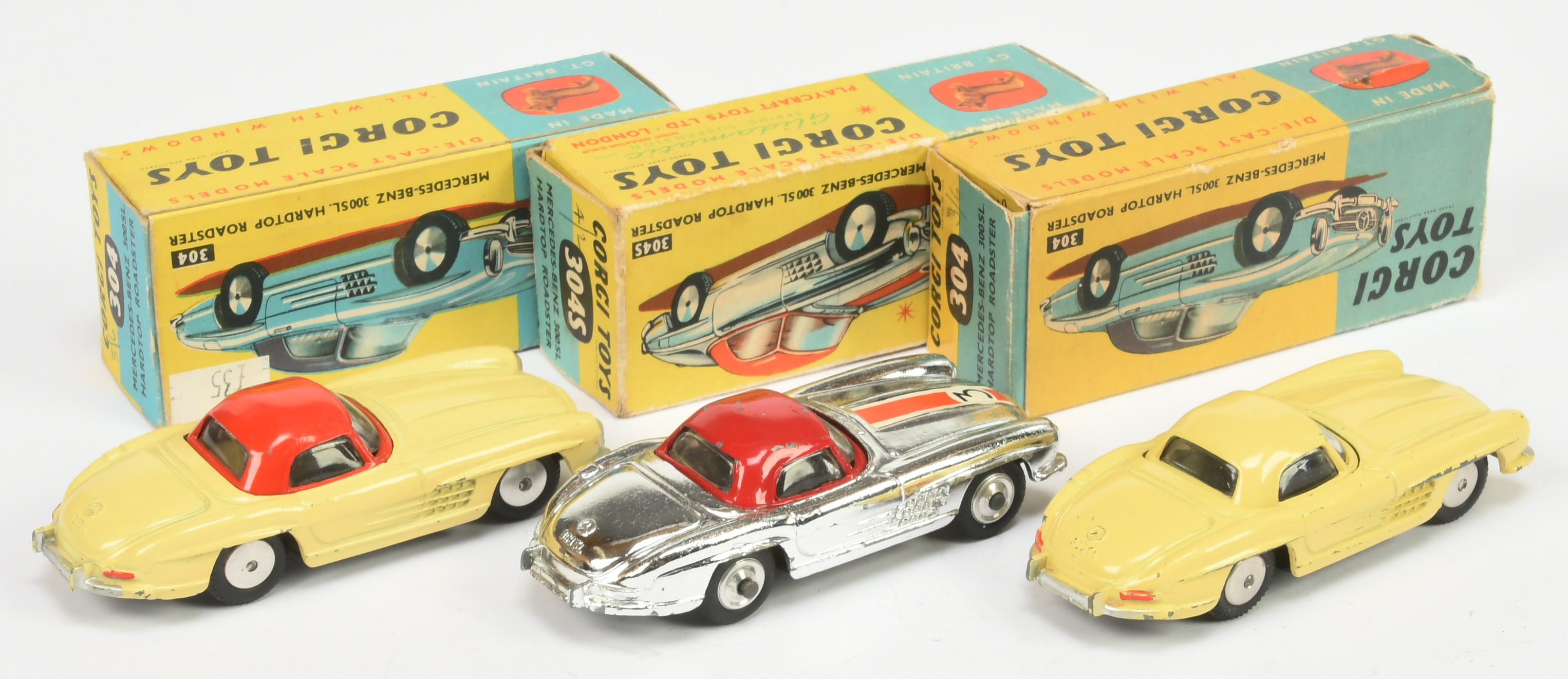 Corgi Toys Mercedes 300SL Hardtop Roadster Group Of 3 - (1) 304 Yellow body, red hood, silver tri... - Image 2 of 2