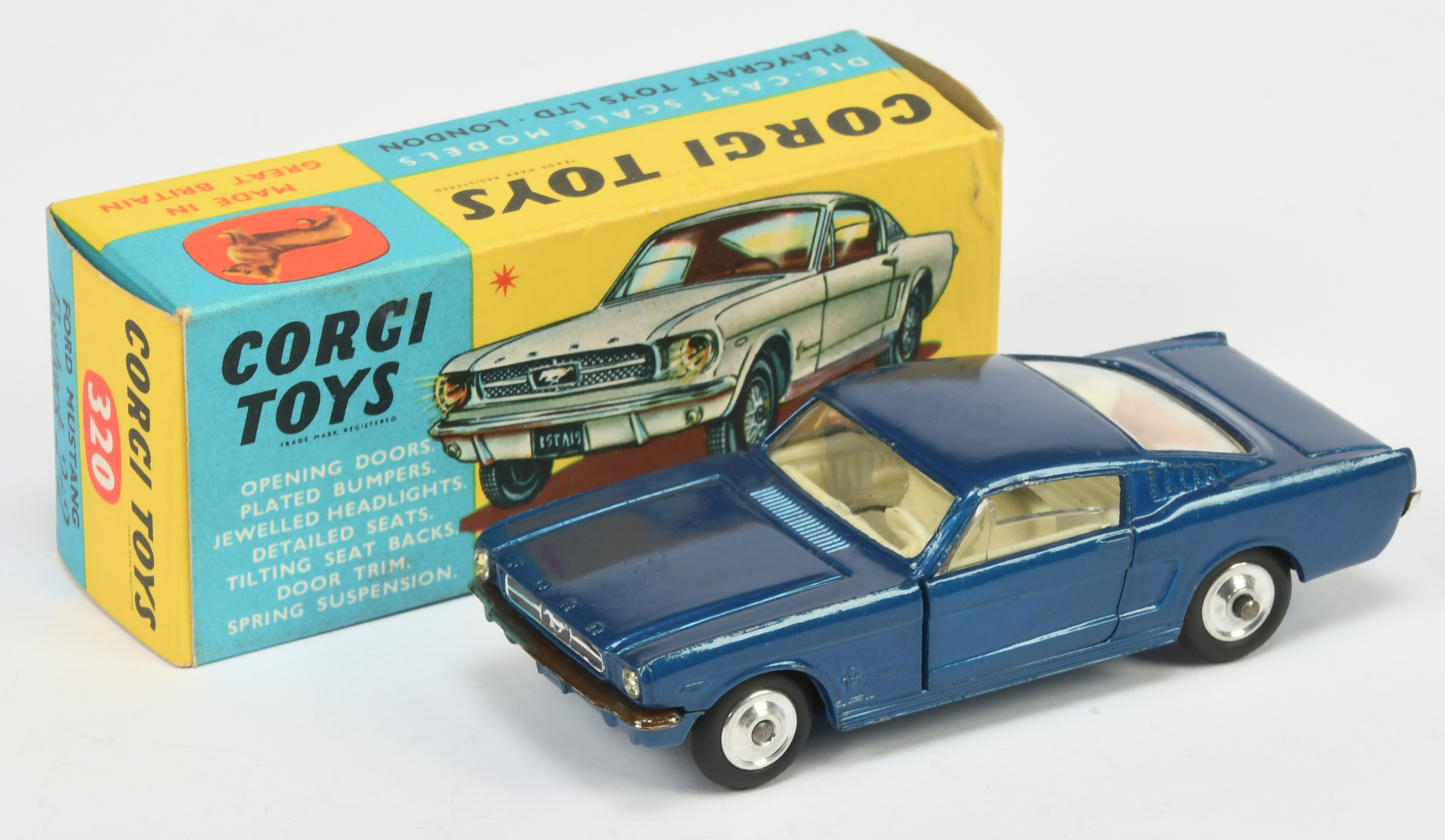 Corgi Toys 320 Ford Mustang Fastback  - Blue body, ivory interior with dog figure, chrome trim an...