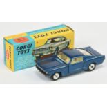 Corgi Toys 320 Ford Mustang Fastback  - Blue body, ivory interior with dog figure, chrome trim an...