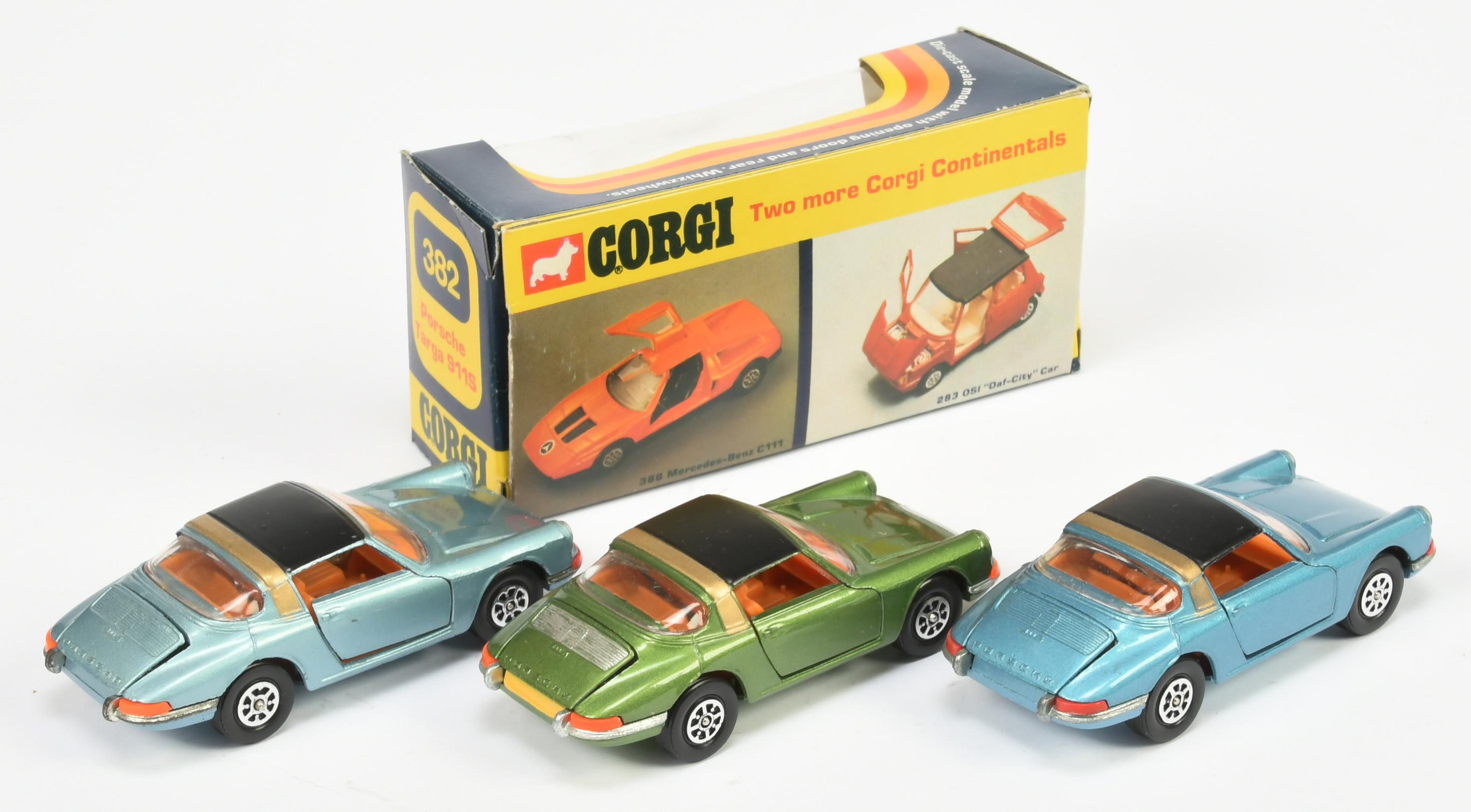 Corgi Toys 382 Porsche 911 Targa Group Of 3 - (1) green body, black roof panel gold roof band and... - Image 2 of 2