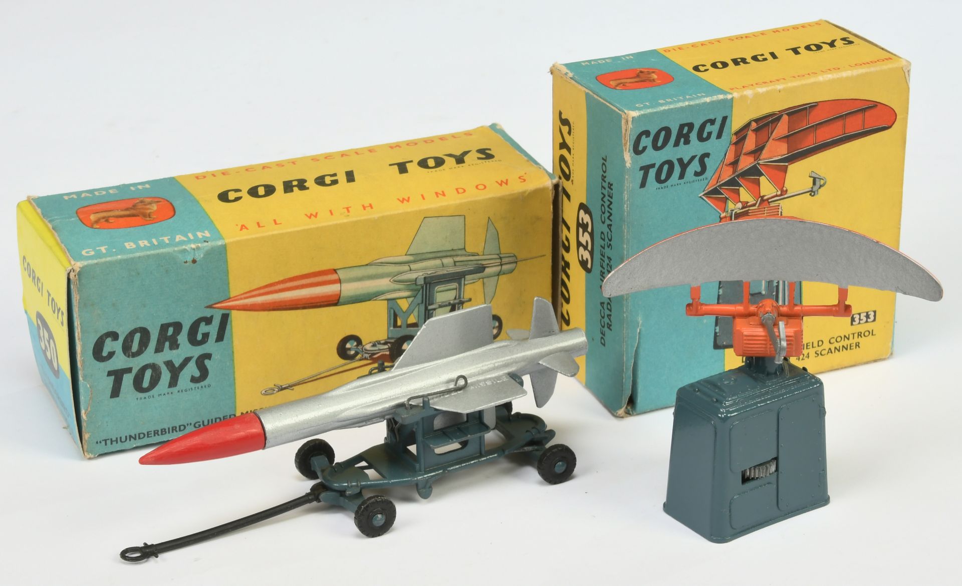 Corgi Toys 350  "RAF" Thunderbird Missile On Trolley - silver and red missile on Greyish-blue tro...