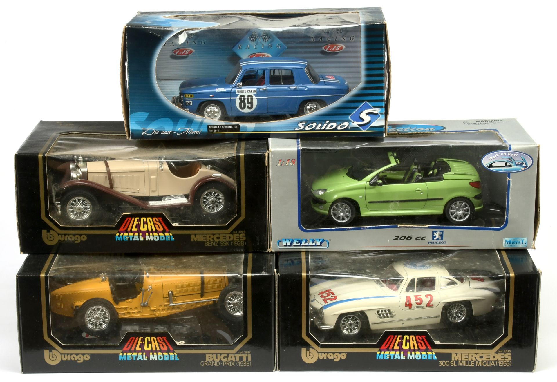 Group Of  (1/18th) BBurago Mercedes SSk, Bugatti Grand Prix, Solido Renault Gordini R8, Welly Peu...