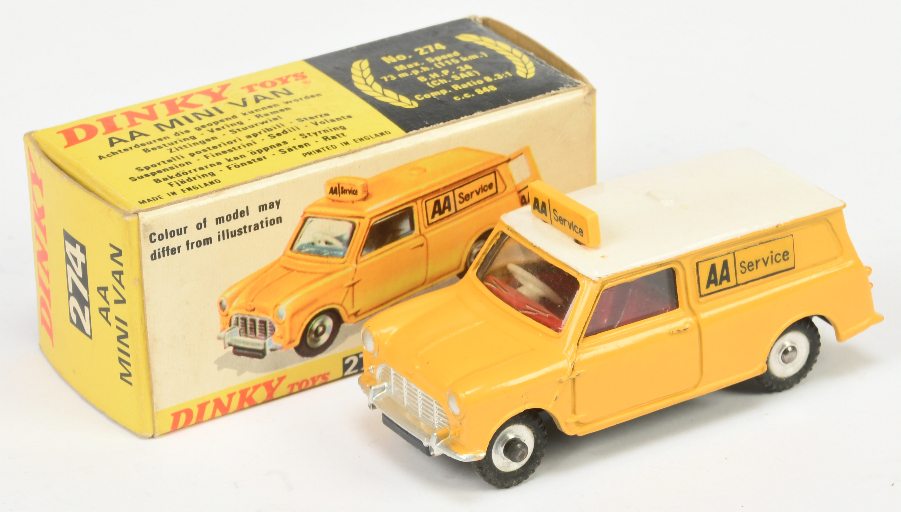 Dinky Toys 274 "AA Road Service" Mini Van - Yellow body and roof sign, white roof, red interior, ...