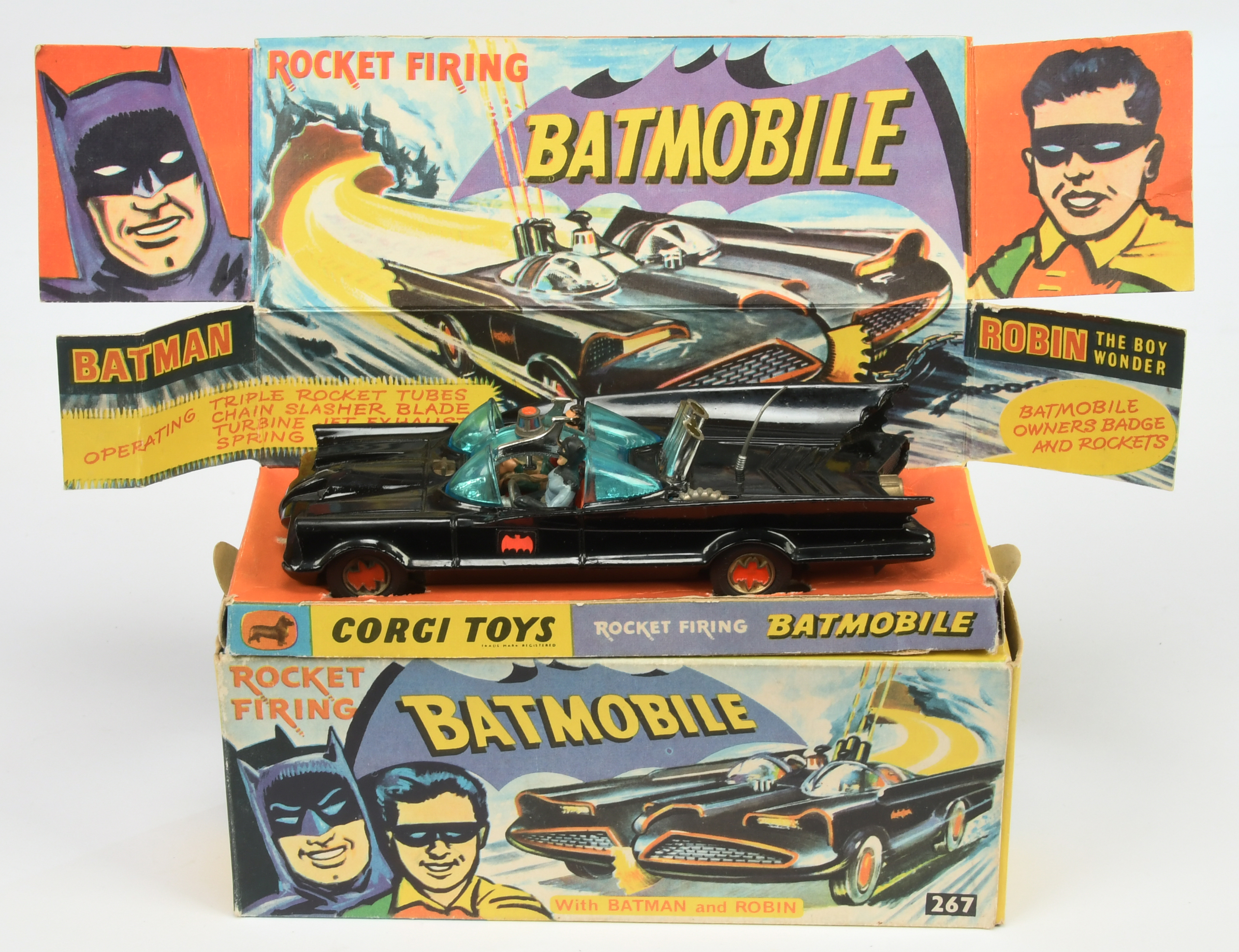 Corgi Toys 267 "Batman" Batmobile - Black body, red bat hubs,blue windows, with "Batman & Robin" ...