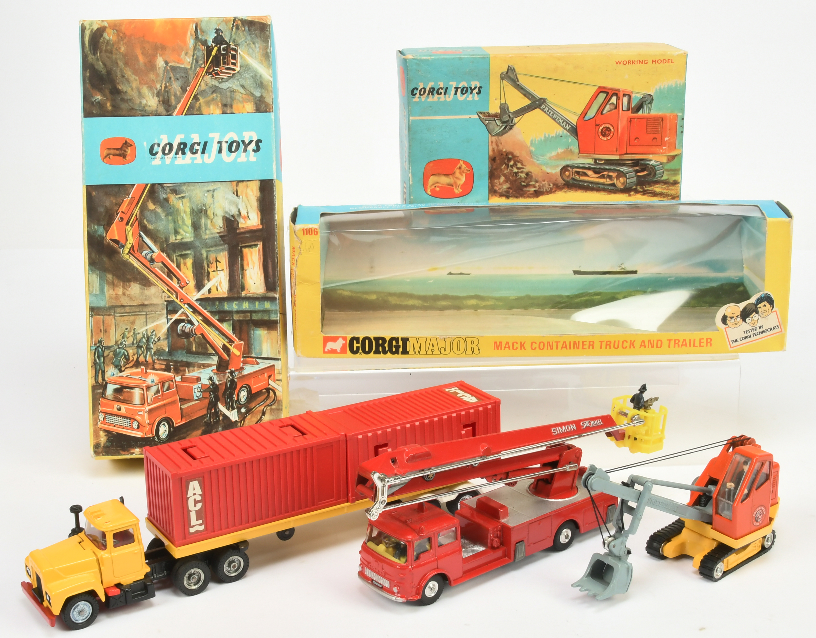 Corgi Toys A Group Of 3  - (1) 1106 Mack Truck And Container Trailer "ACL", (2) 1127 Bedford Simo...